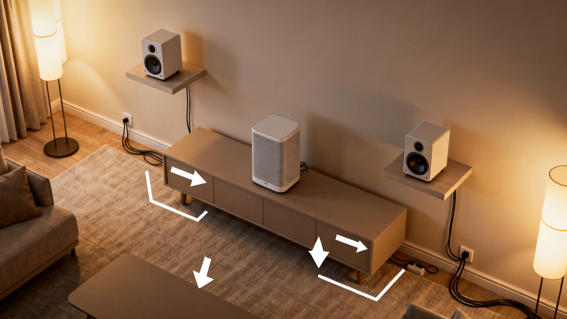 Top-down plan showing diffuser and discreet speaker placement in a small room.