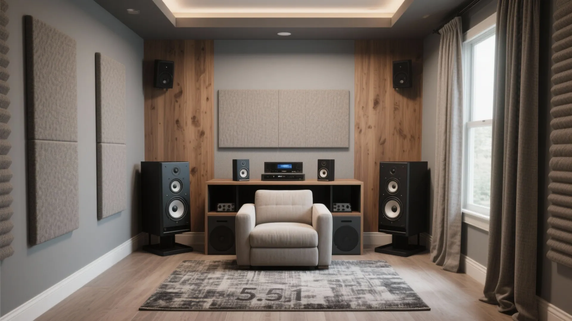 Modern home theater room with large speakers lounge chair wood wall panels and sound foam boards