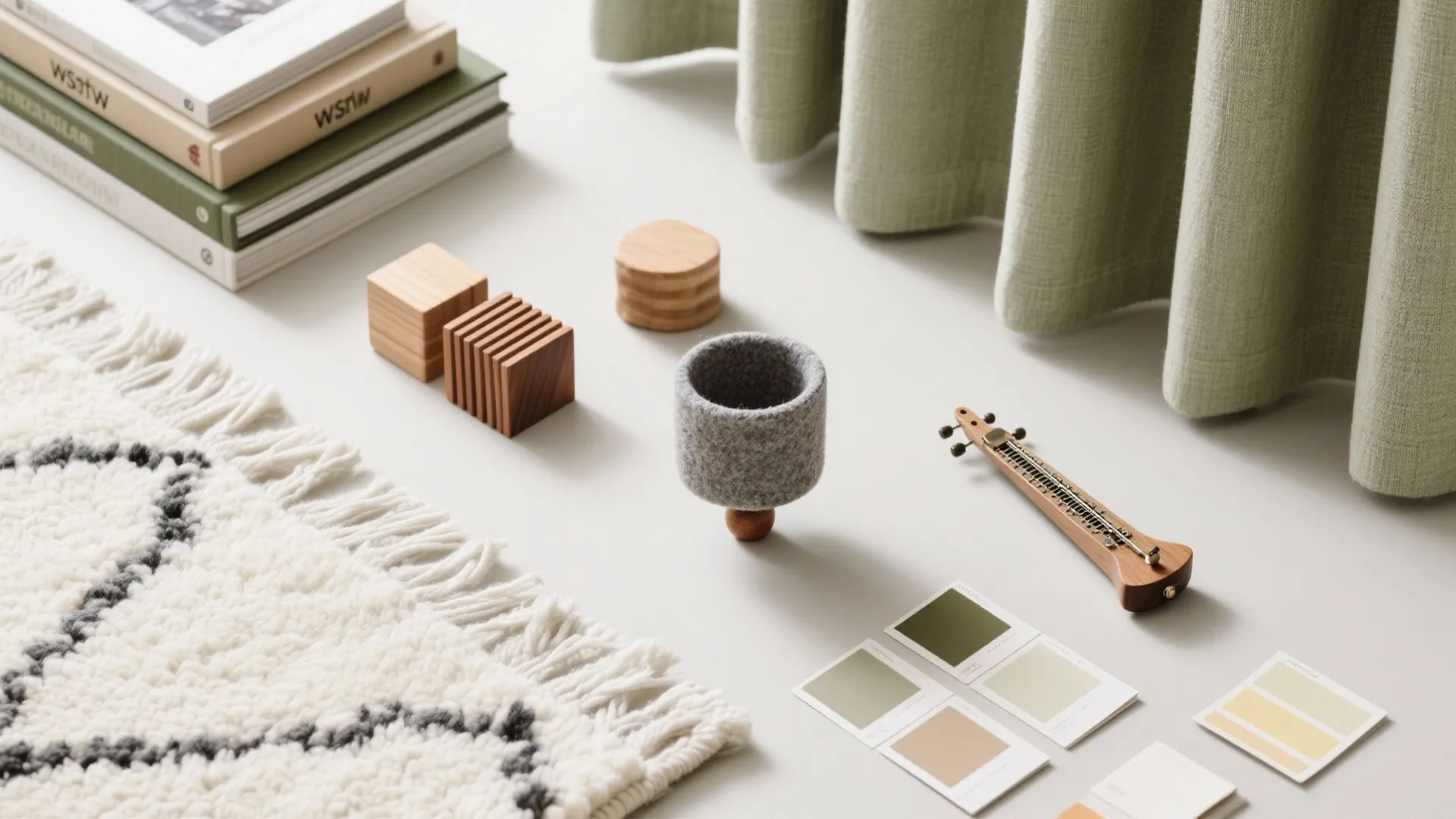 Flat lay of wool rug, lined drapery, books, diffuser blocks, and a felt caster cup for acoustic comfort.