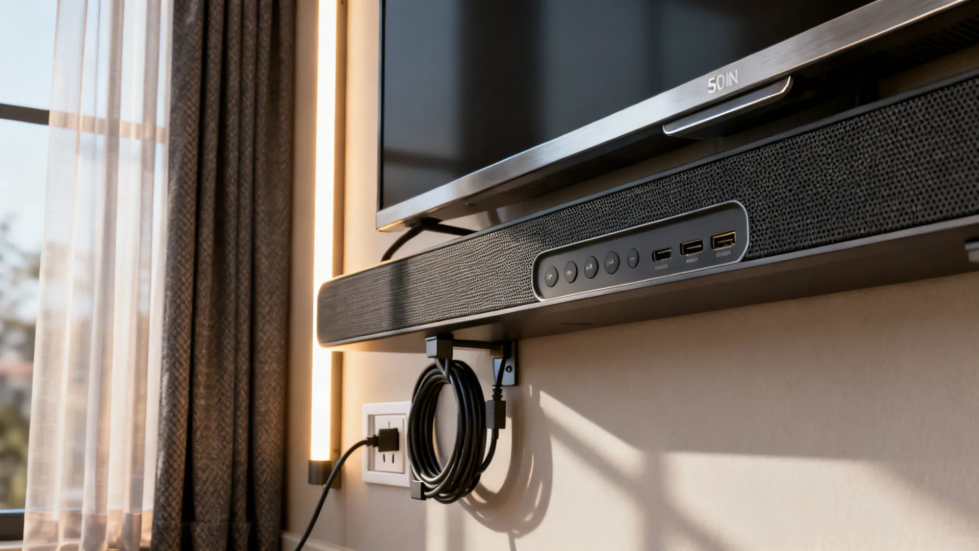 Close-up of a soundbar under a 50-inch TV with dimmable LED strip and curtains