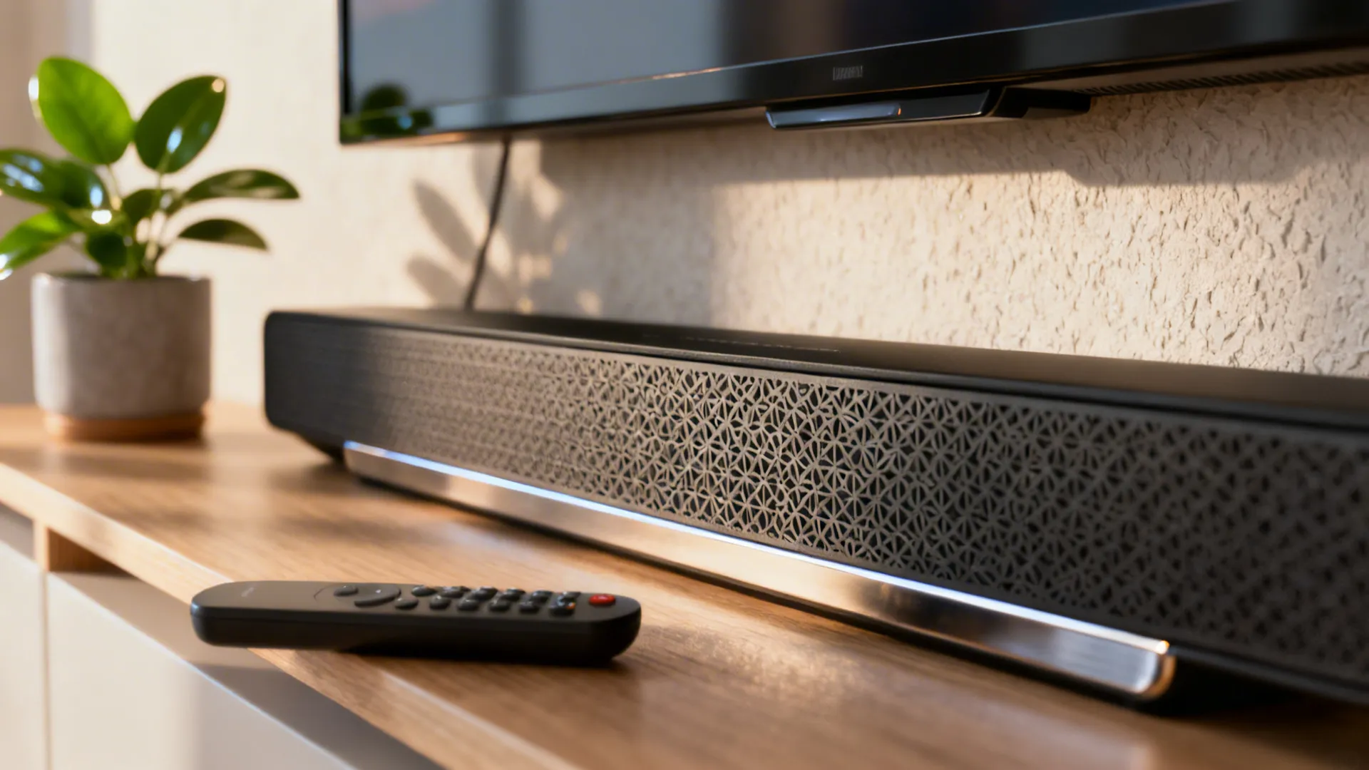 Soundbar with bias backlighting behind a TV creating better contrast and reduced eye strain.