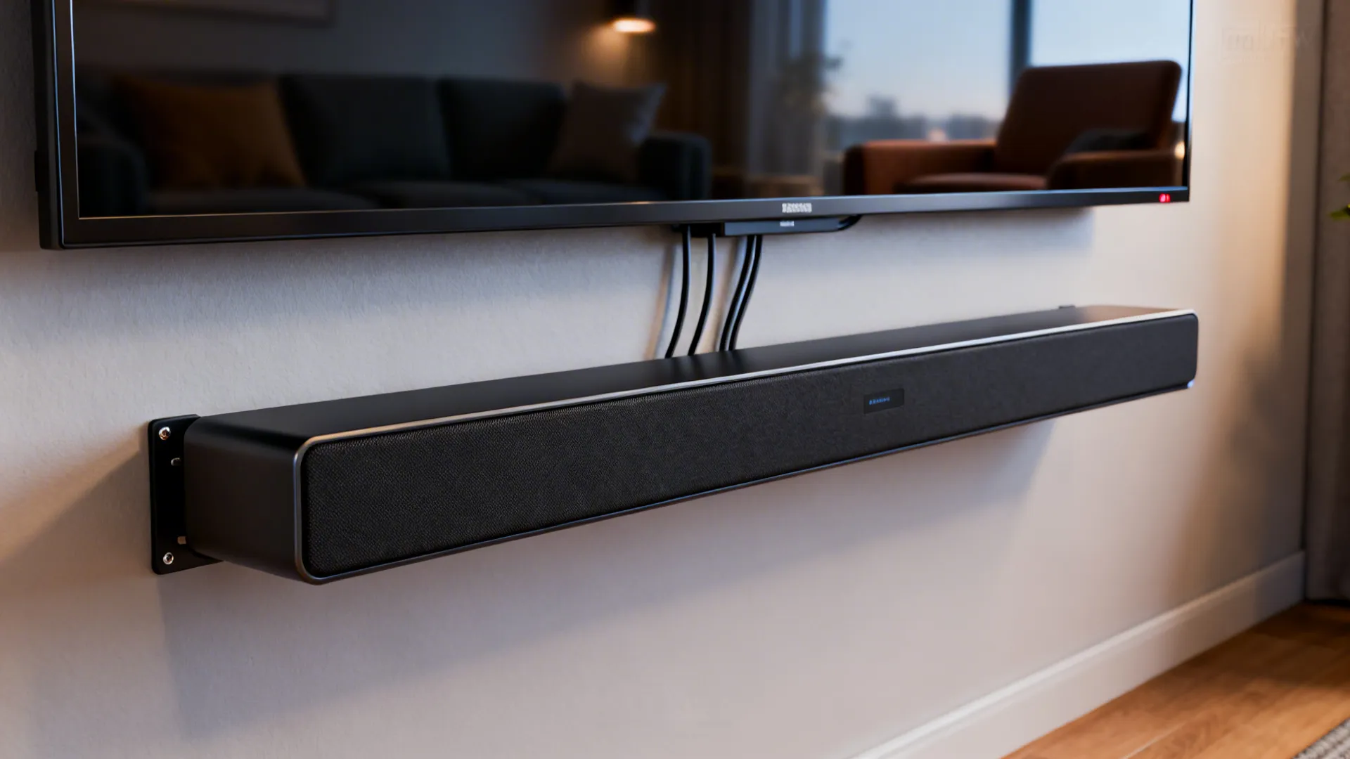 Low-profile soundbar beneath wall-mounted TV with tidy cable management