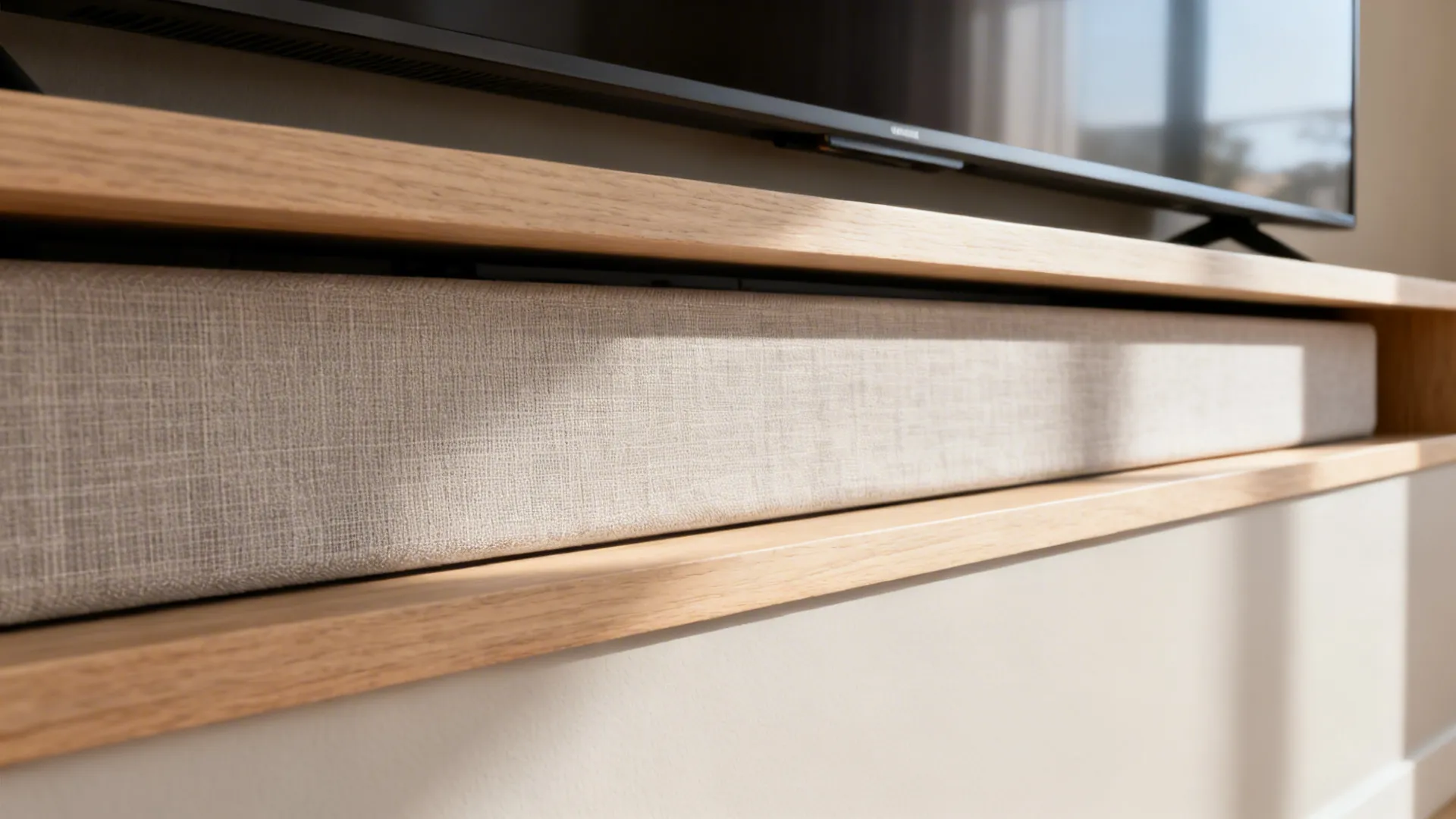 Close-up of an acoustically transparent fabric grille concealing a soundbar in a wall ledge.