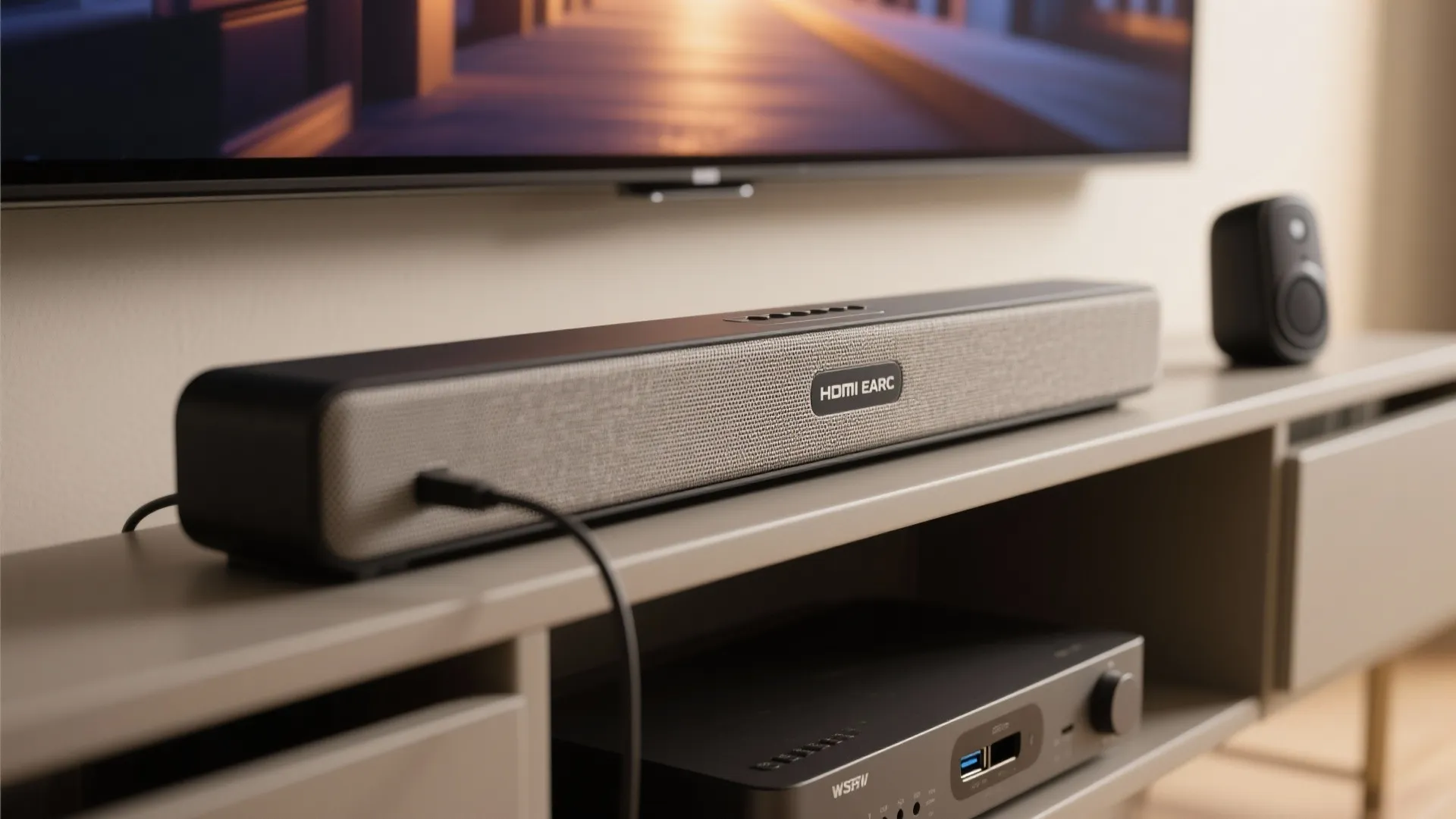 Grey and black soundbar speaker sitting on a light brown media cabinet below a large television