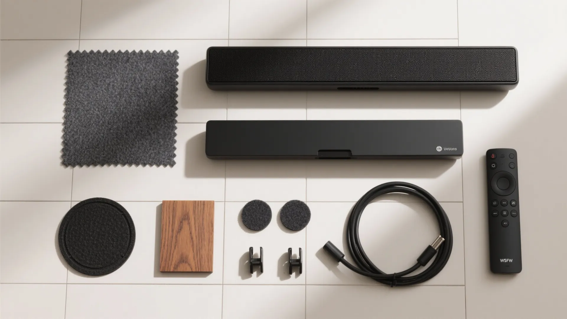 Flat-lay of soundbar materials and accessories including fabric, veneer, pads, and clips.