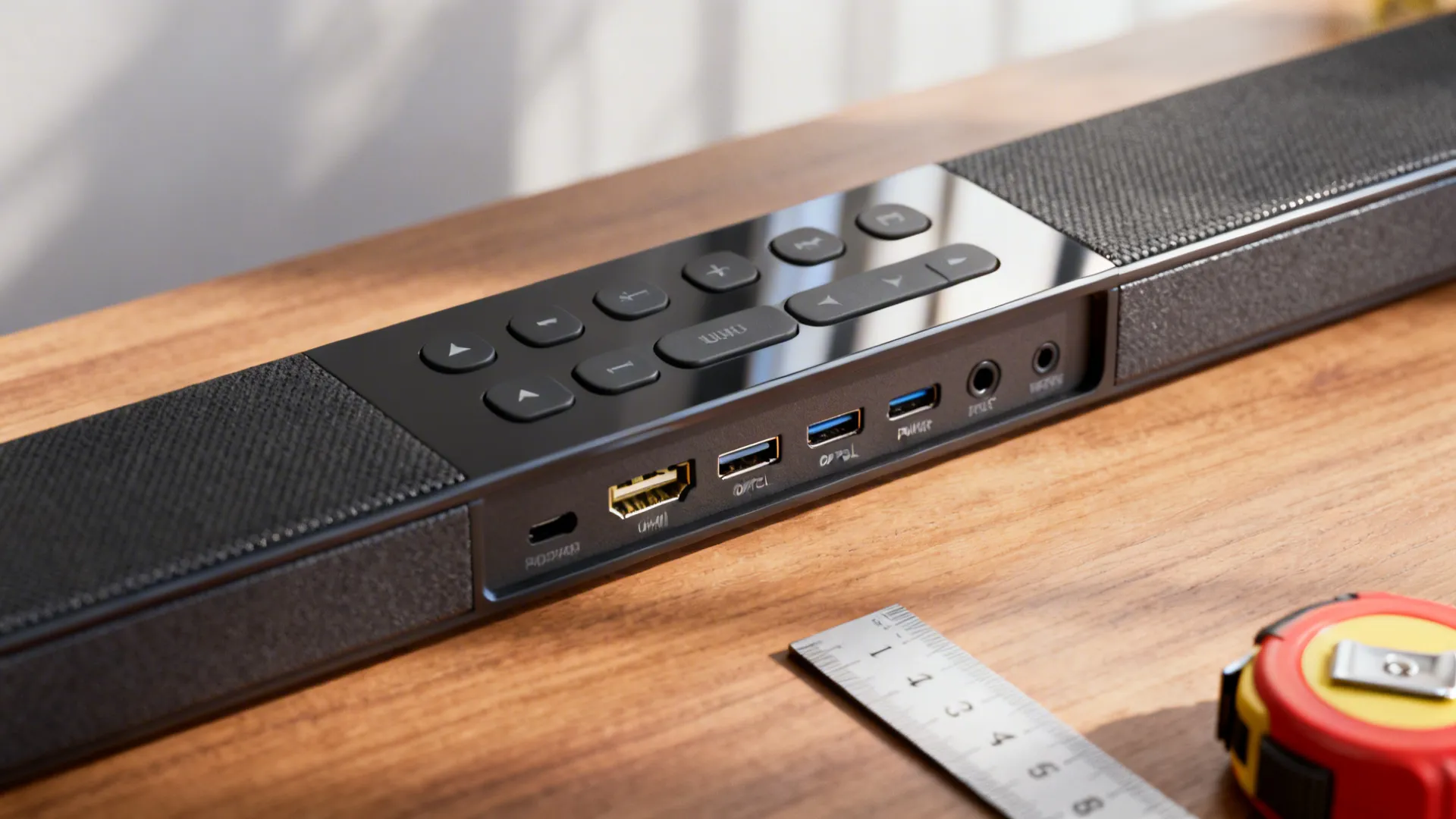 Close-up of a soundbar control panel and ports with measuring tools for placement planning