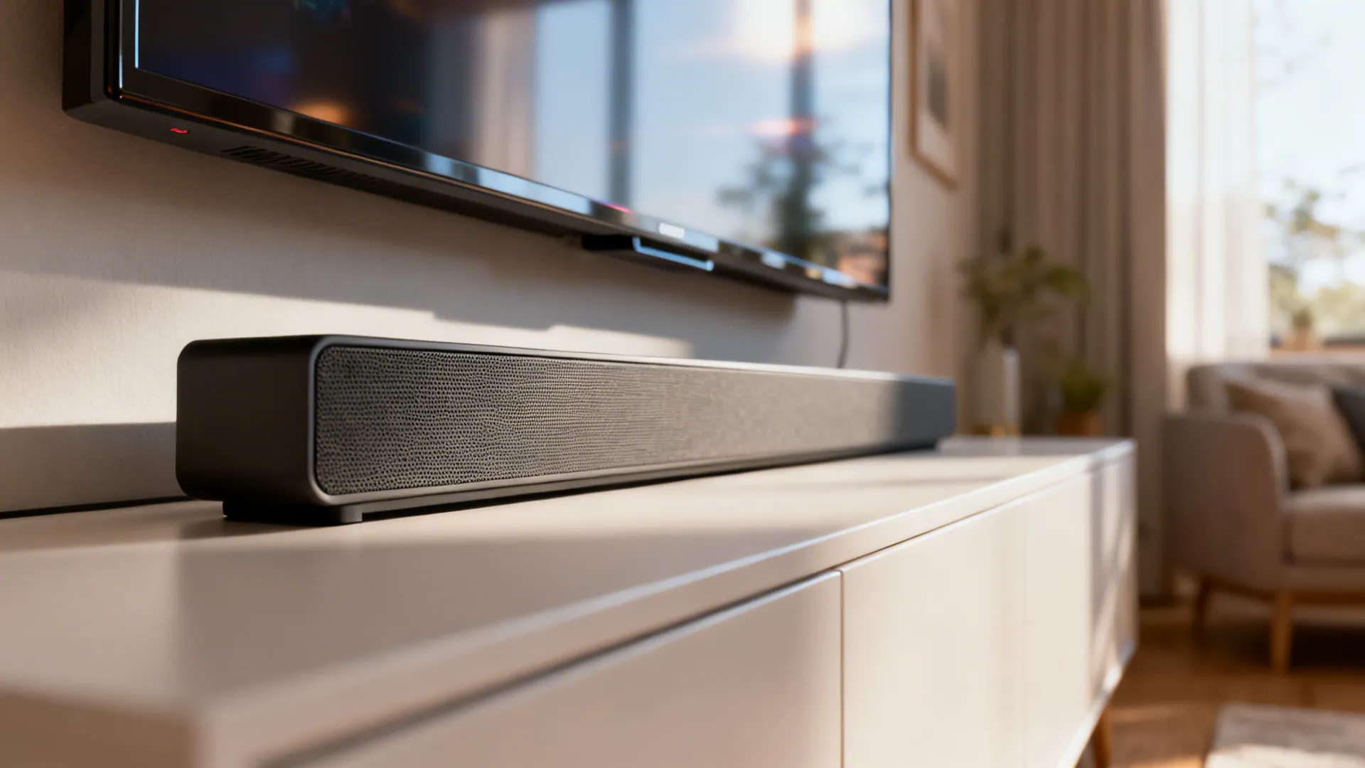 Slim soundbar neatly placed under a TV in a compact living room emphasizing alignment and clarity.