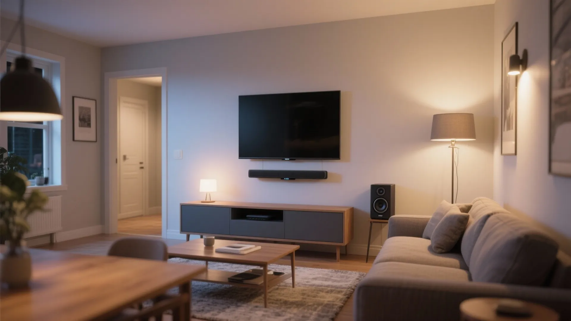 Slim soundbar under a wall-mounted TV with a compact wireless sub along the front wall in a tiny living room.