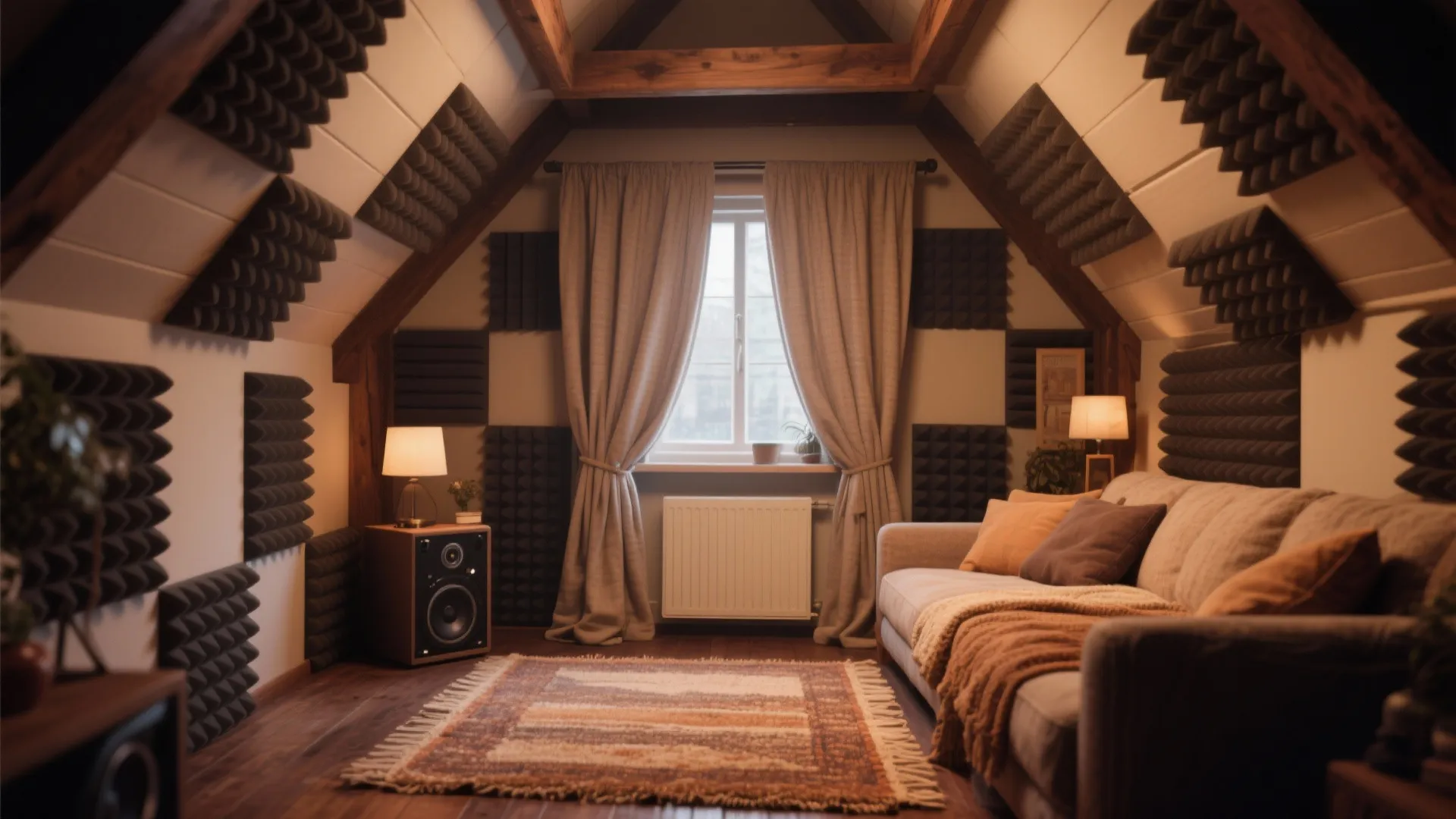 Attic room with soundproof curtains and foam panels