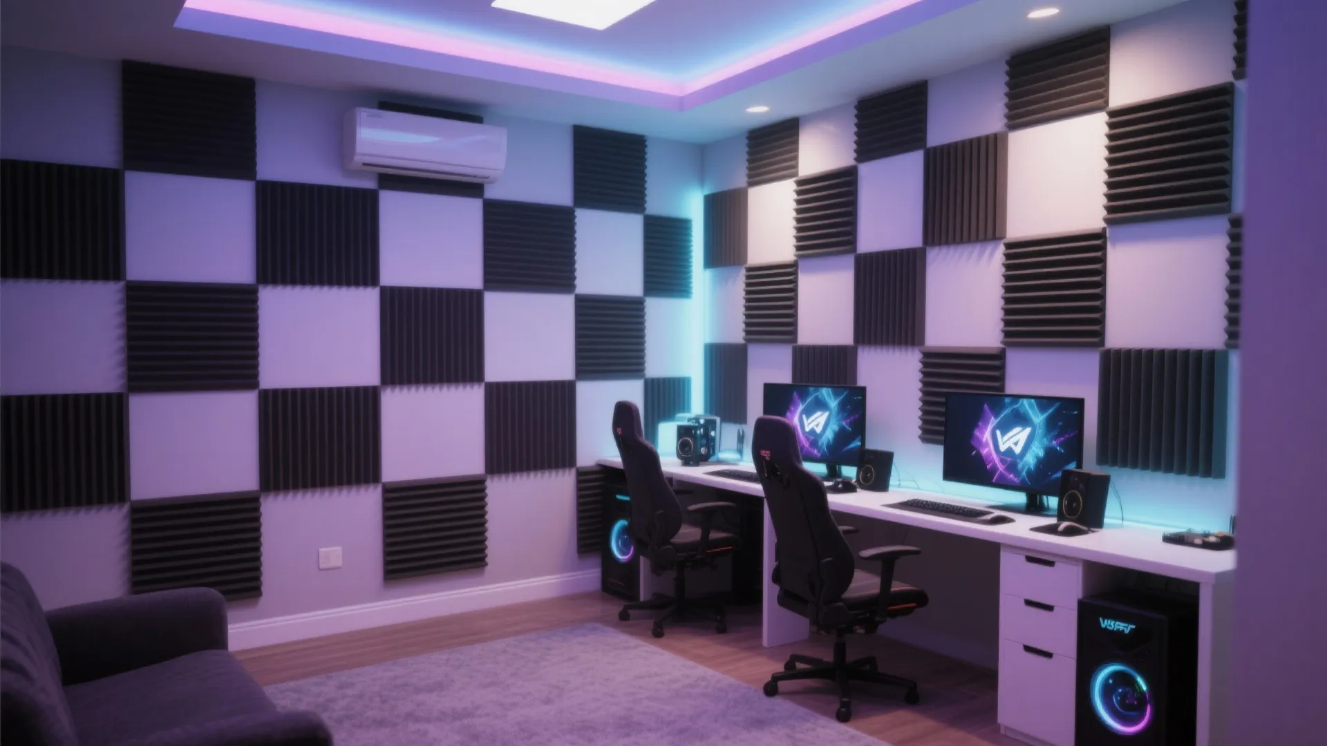 Gaming room with checkered wall panels two desks black chairs purple lighting and grey rug