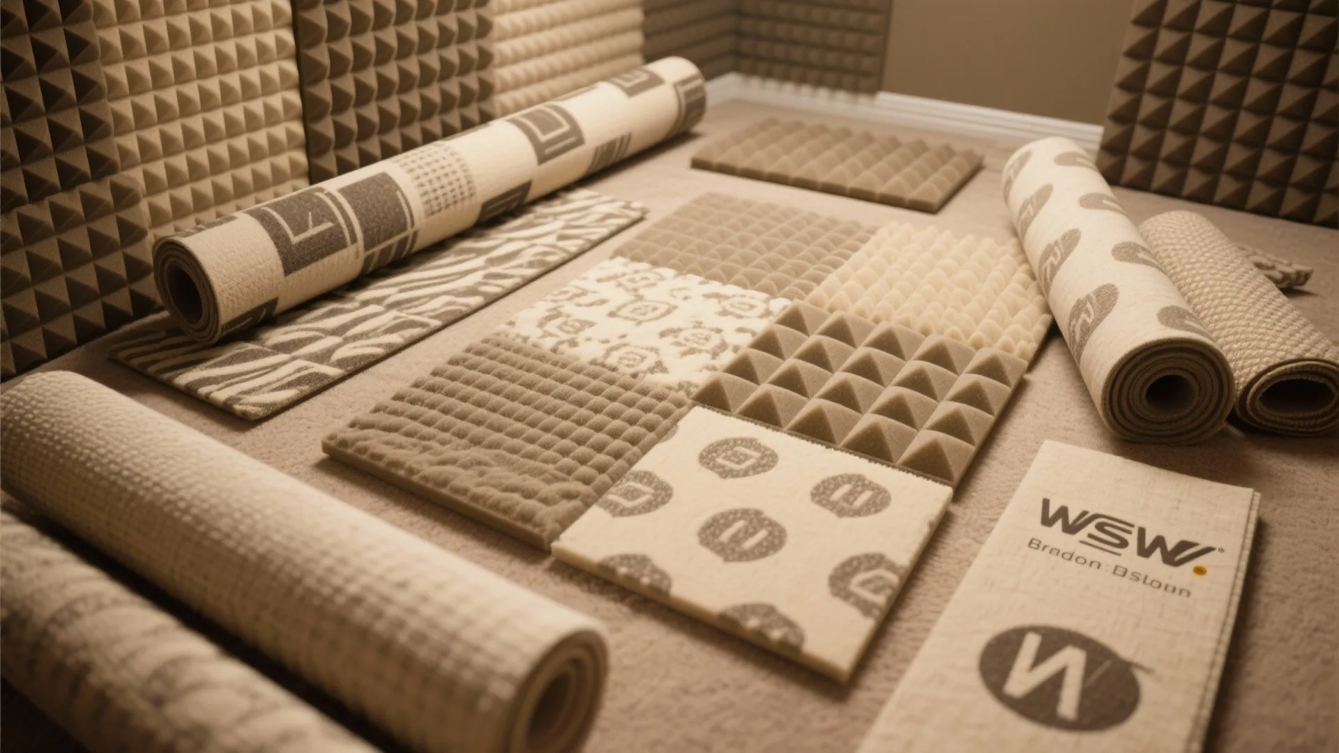 Interior design drawing showing beige acoustic foam wall panels and rolls of soundproofing material tiles