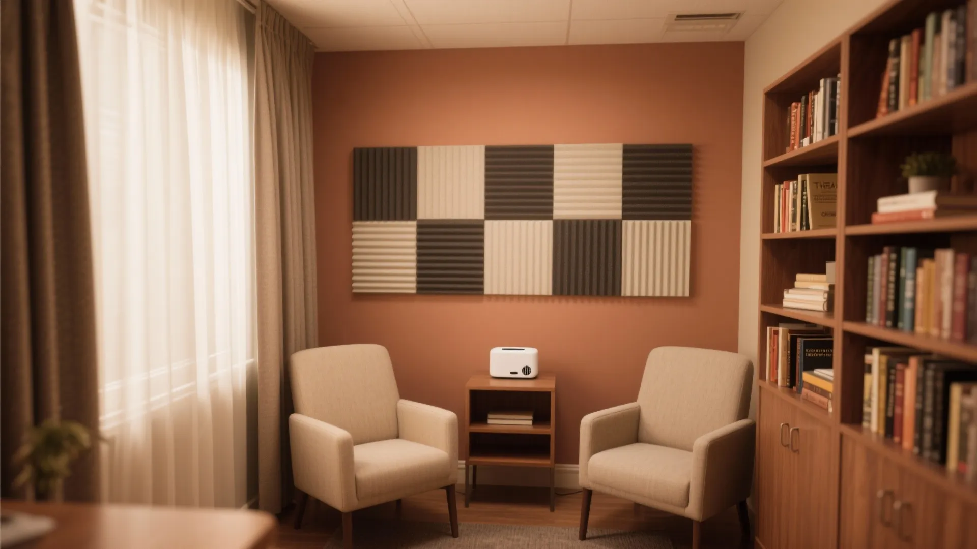 Small office area featuring two chairs and a bookshelf with a wall panel for quiet