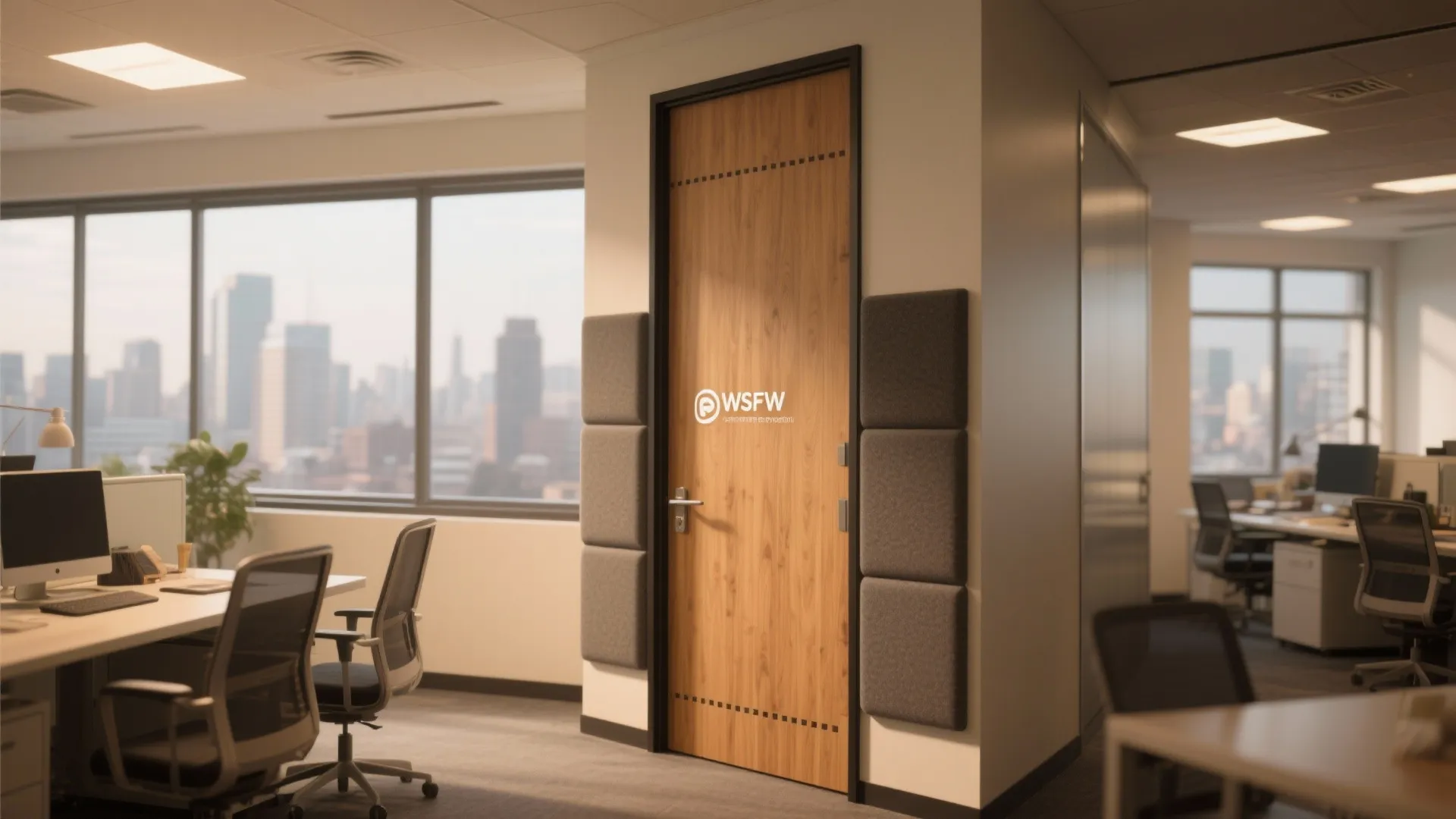 Wooden office door with grey wall panels in a professional workspace with city view windows