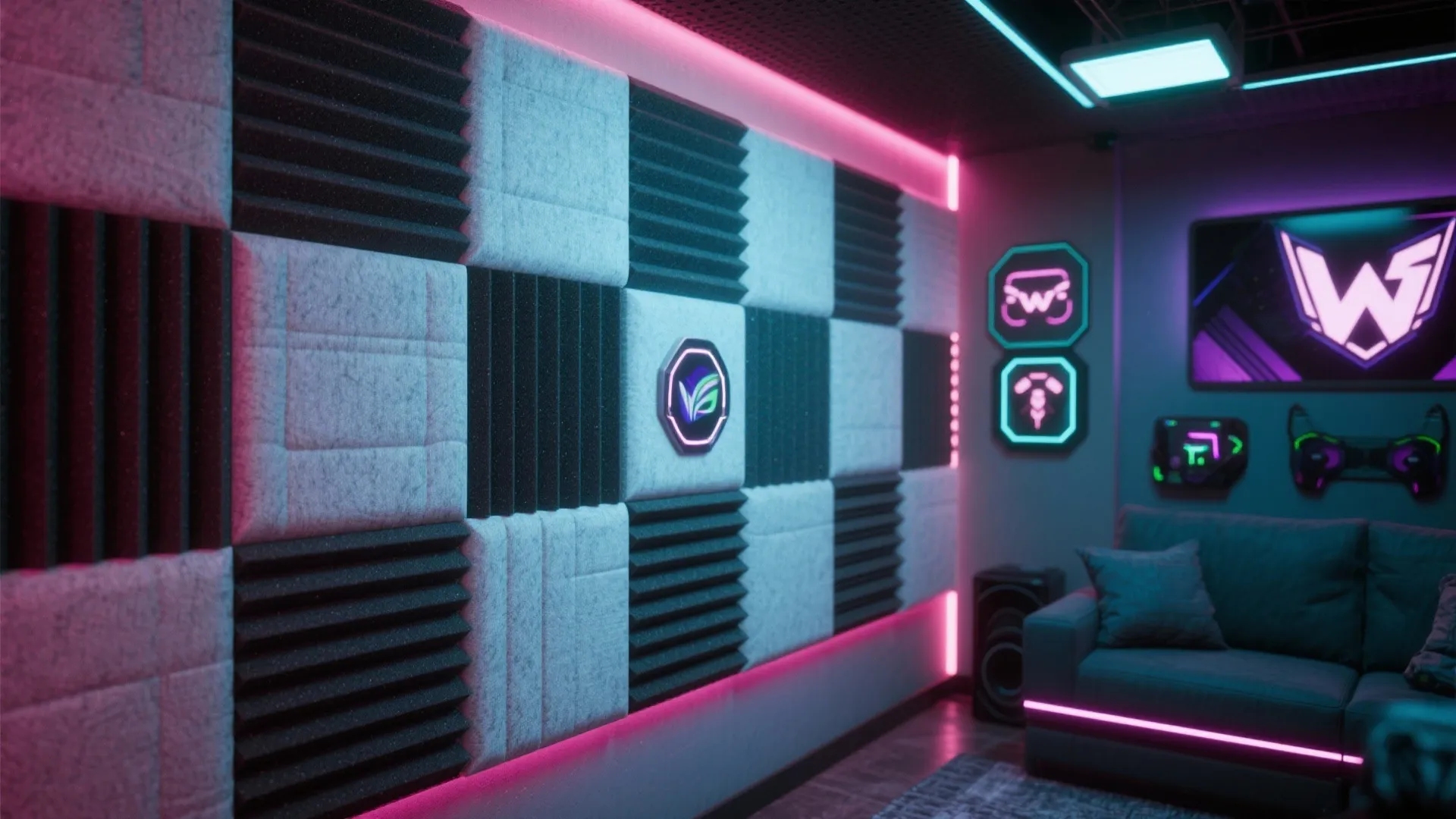 Gaming room wall with modern soundproof panels for better acoustics