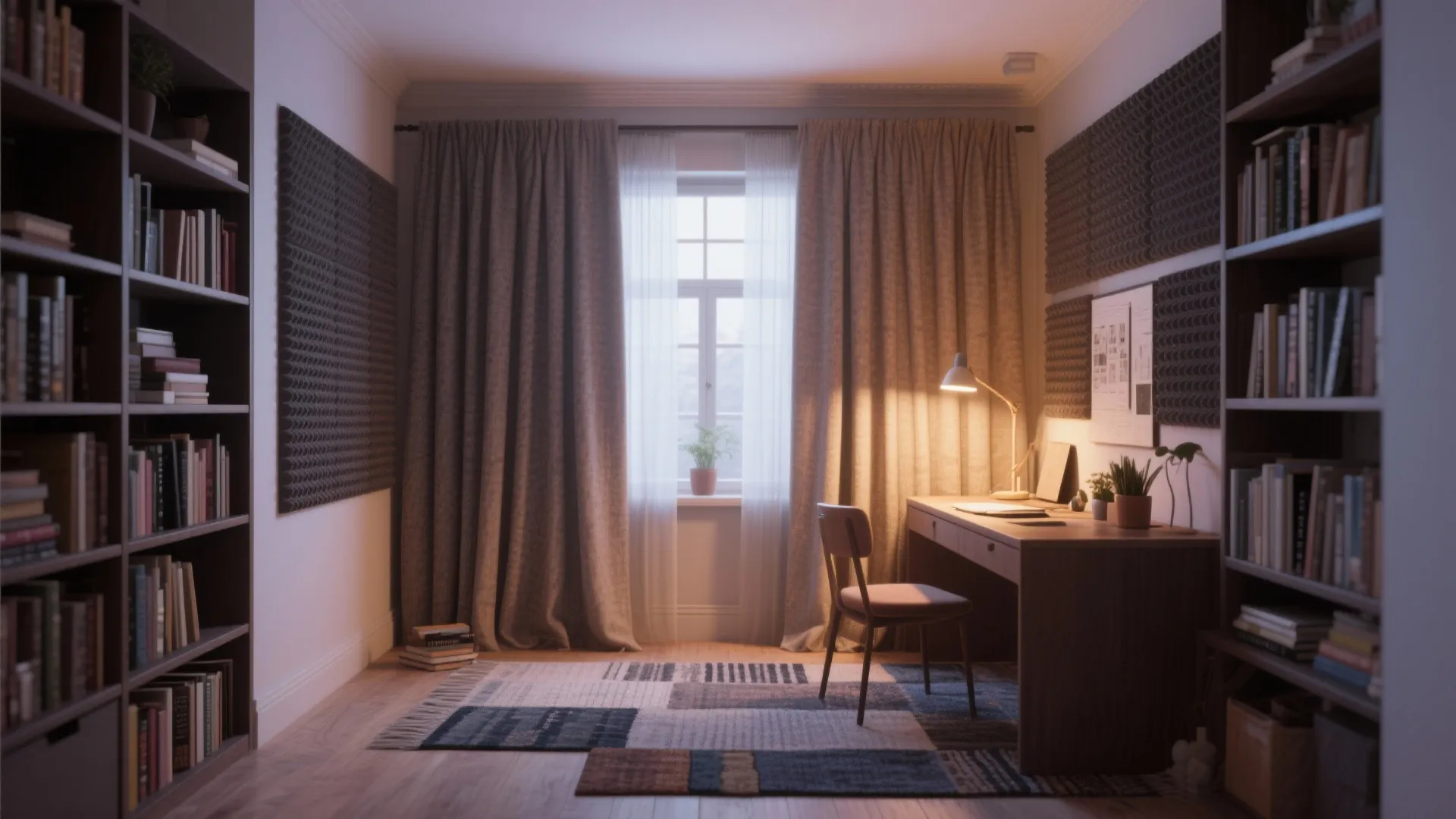 Cozy study room with curtains and bookshelves for soundproofing