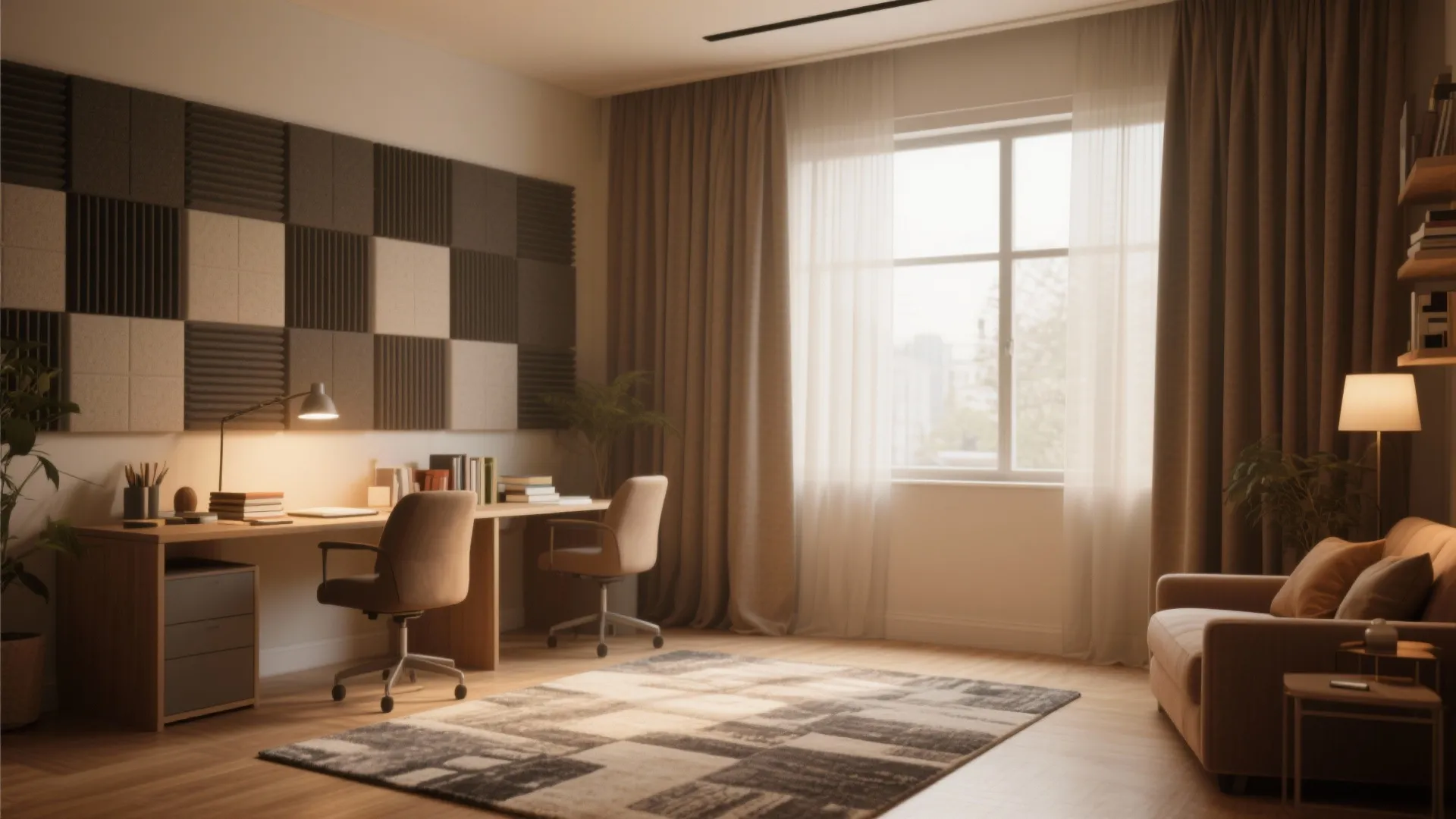 Modern home office with wall panels for soundproofing featuring two desks chairs and large windows