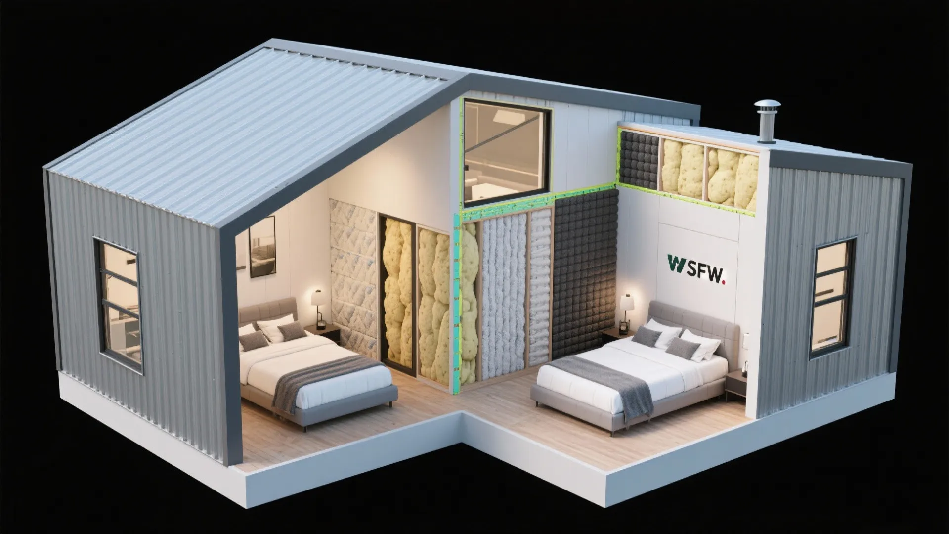 Cross section of two bedrooms showing insulation material inside walls for soundproofing and room layout