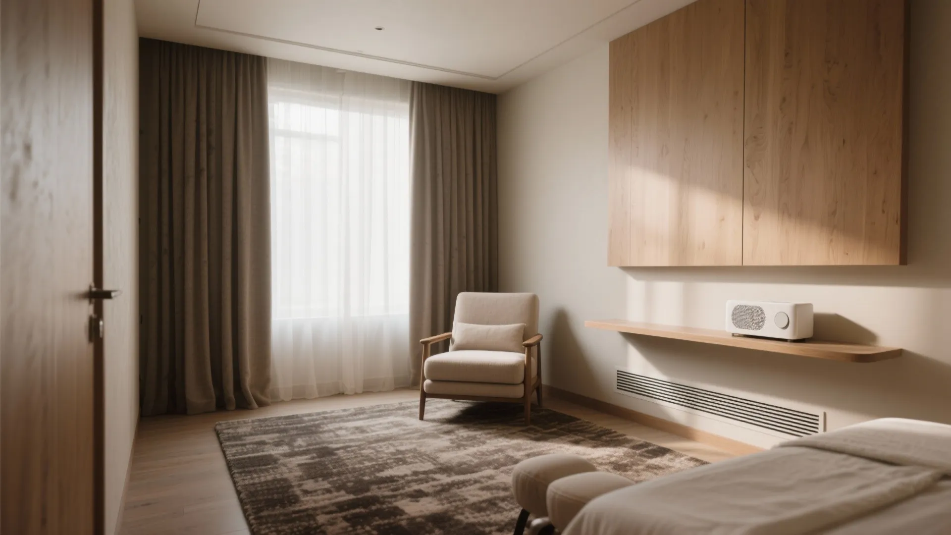 Minimalist room design featuring a beige chair brown rug long curtains and a wooden shelf