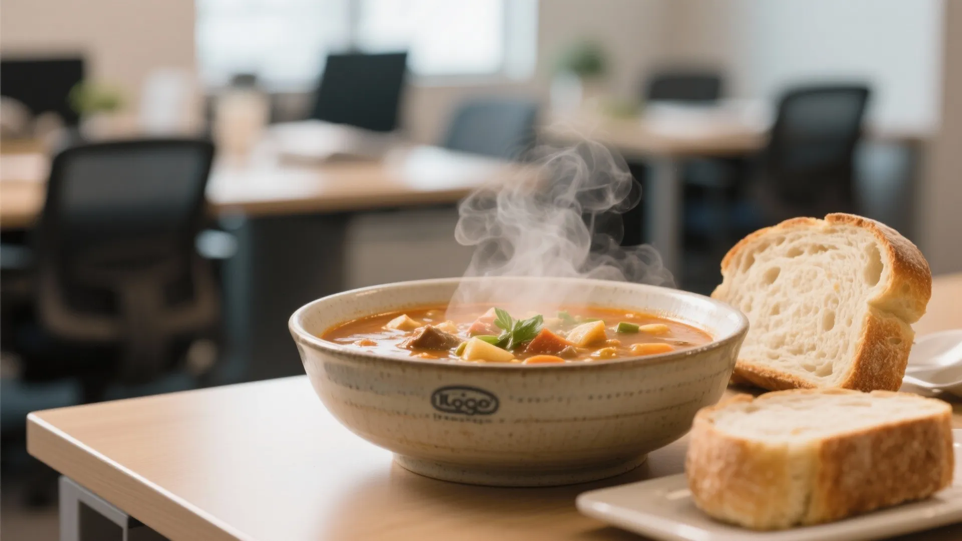 Bowl of steaming hot soup and sliced bread on a wooden desk in office setting