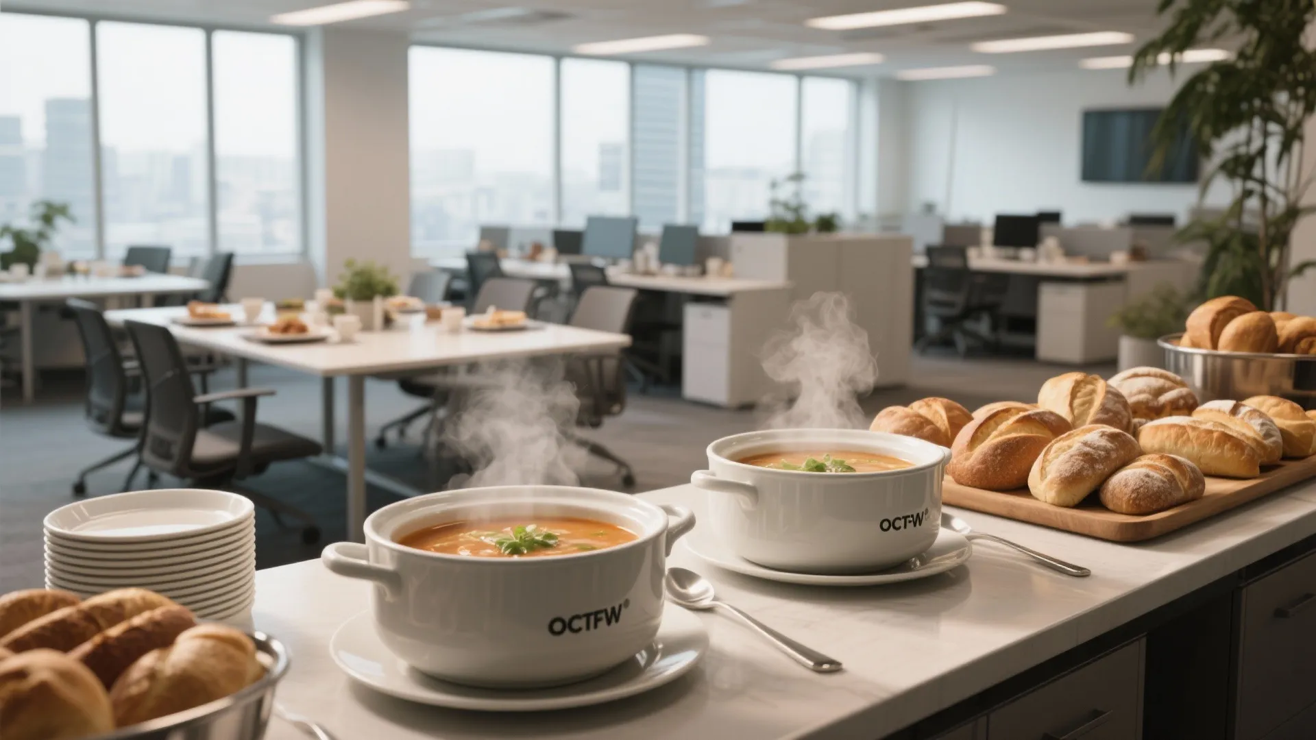 Office break room with hot soup bowls and bread rolls on a white marble counter