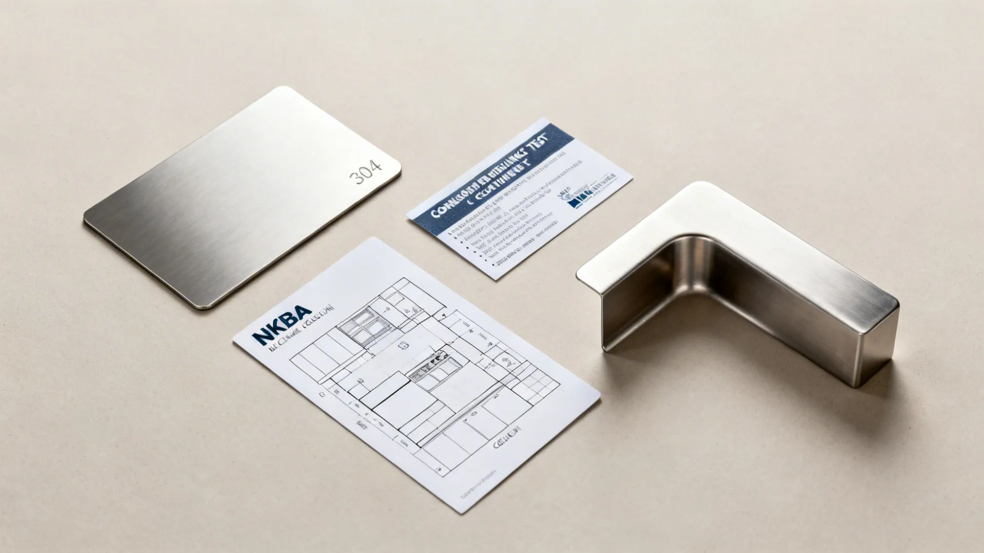 Flat lay with a 304 stainless sample, corrosion test coupon, and a sink corner cutout suggesting pro standards.