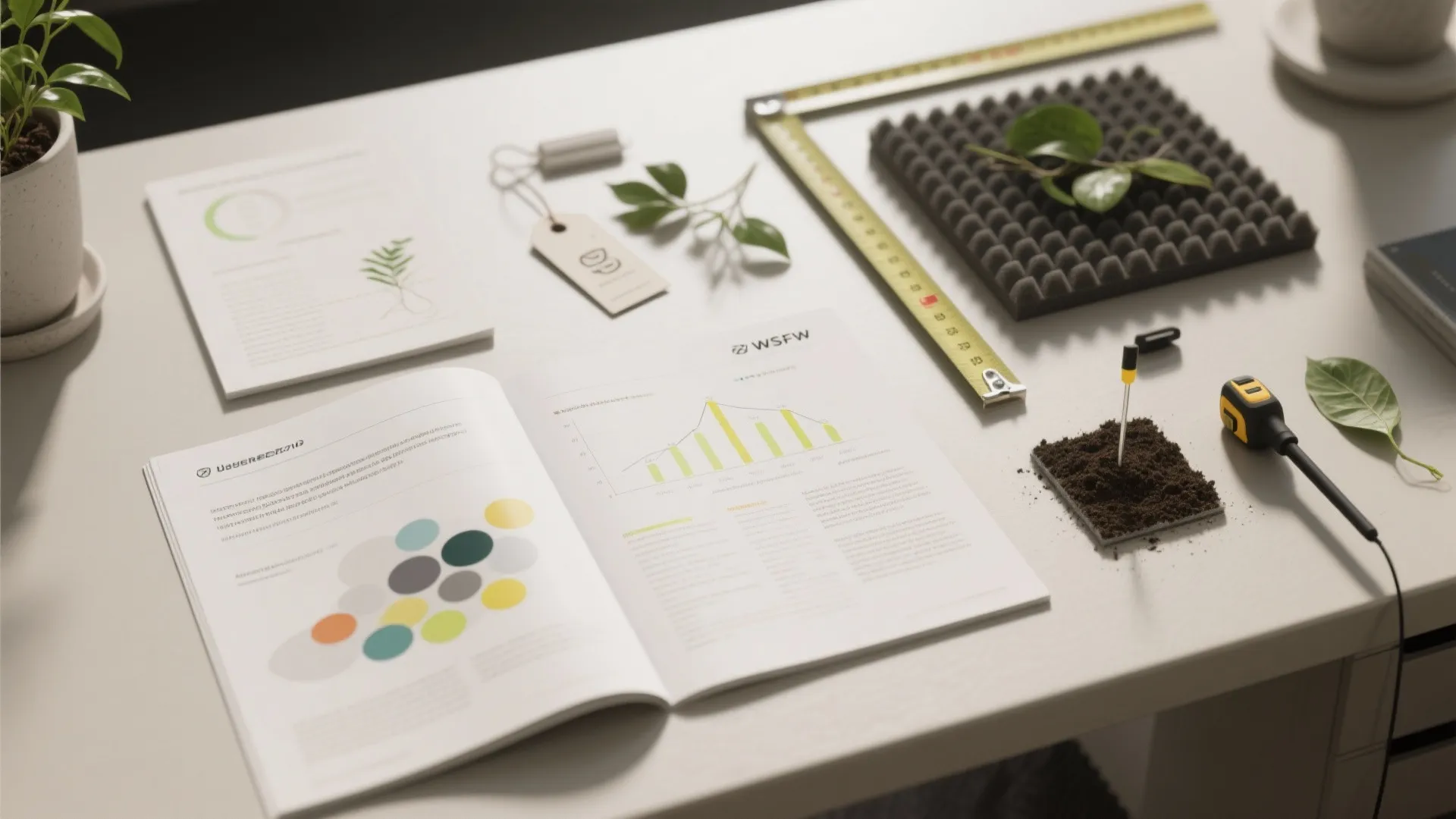 Flat lay of research notes, plant tags, moisture probe, and measuring tape on a neutral surface.