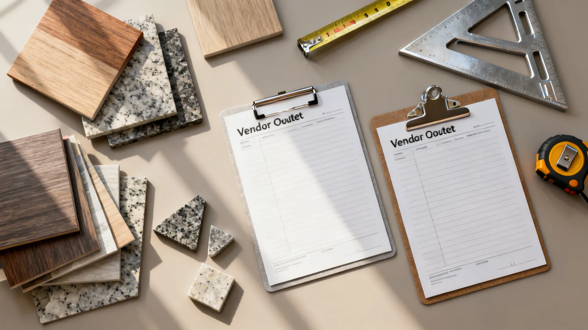 Top-down view of laminate, stone samples, and measuring tools used for sourcing and checking.