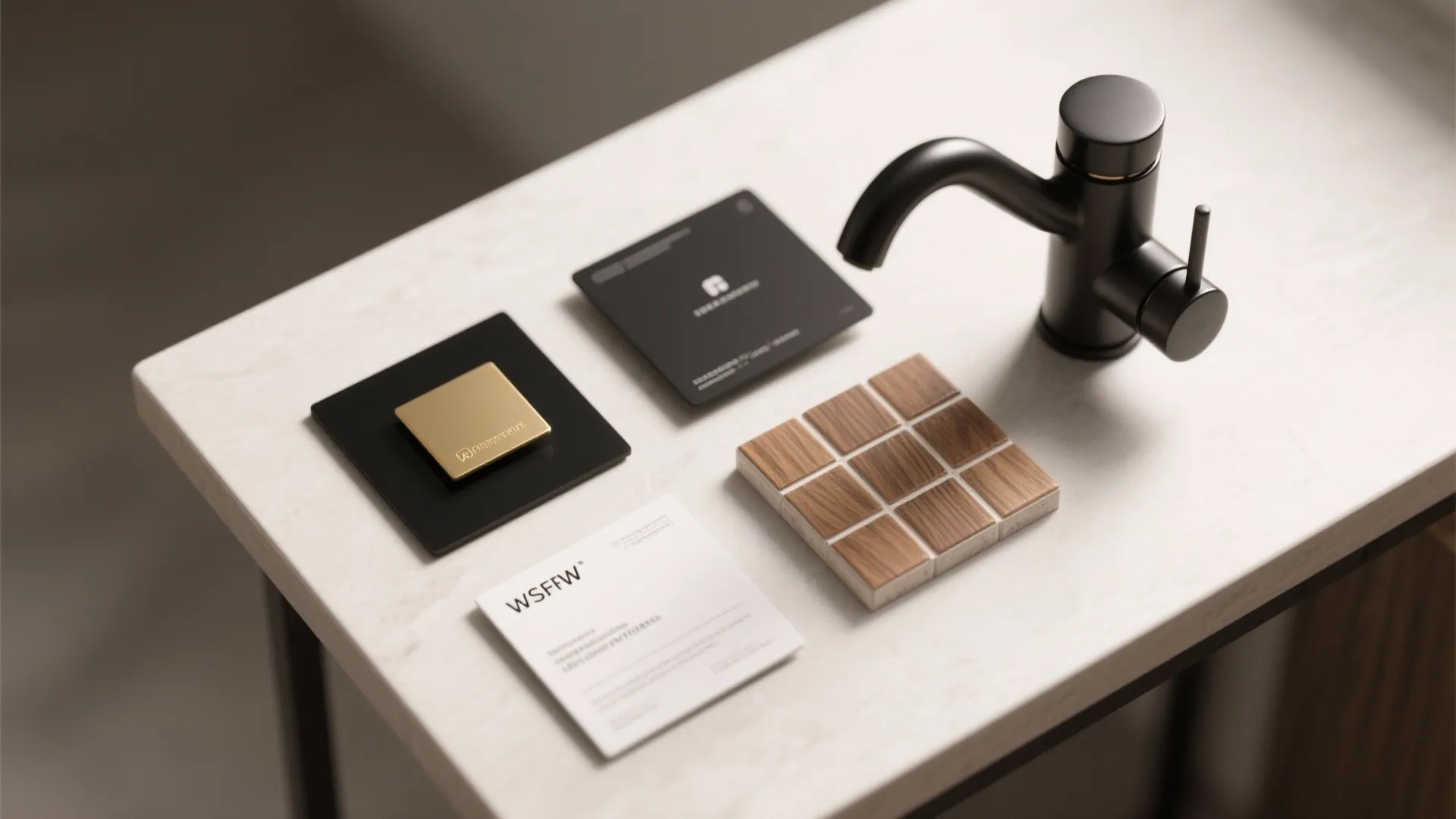 Black kitchen faucet on marble table next to wood tiles and gold material sample cards