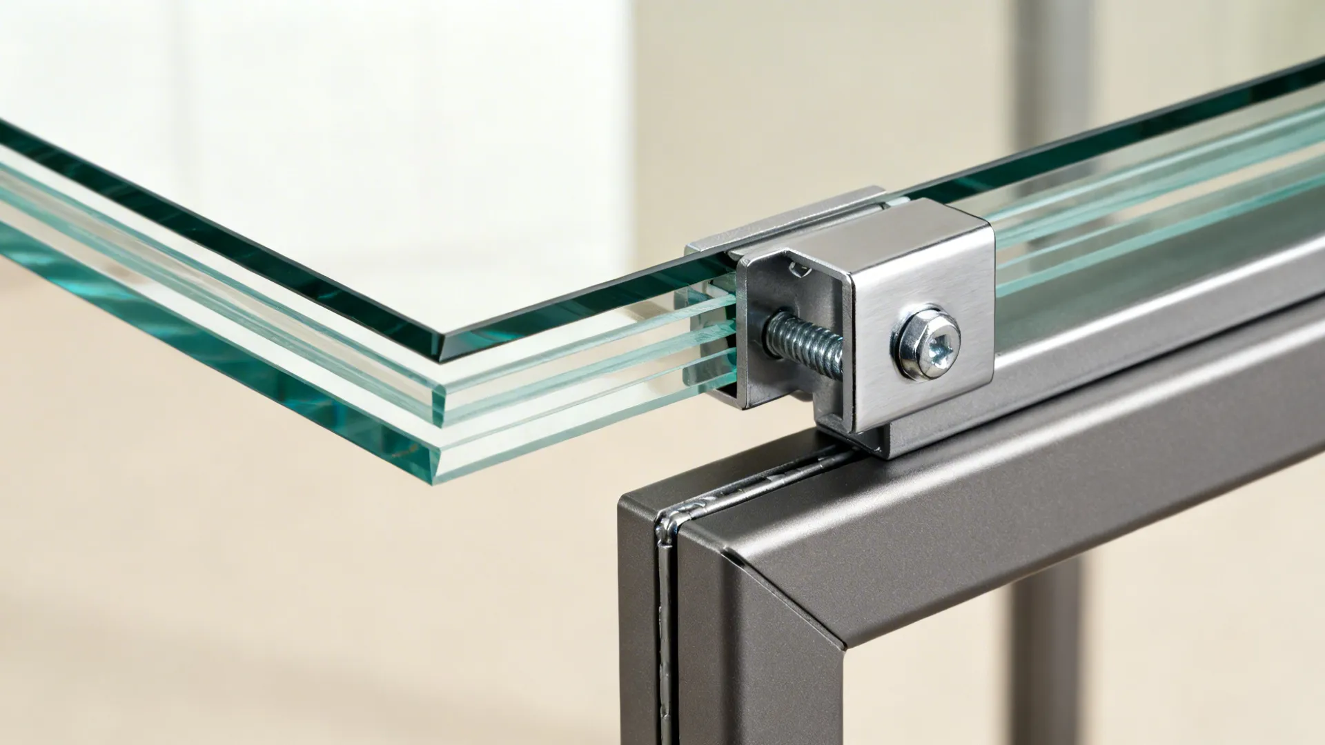 Macro details of tempered glass edge, thick acrylic, lift-top hinge, and metal frame joint.