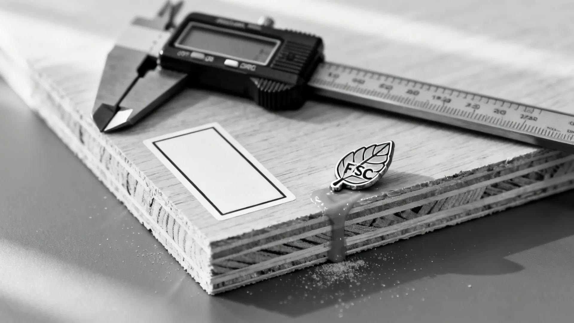 Close up view of a wood board with a digital measuring tool a blank label