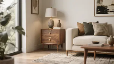Mid-Century Modern Living Room with Warm Wood Tones