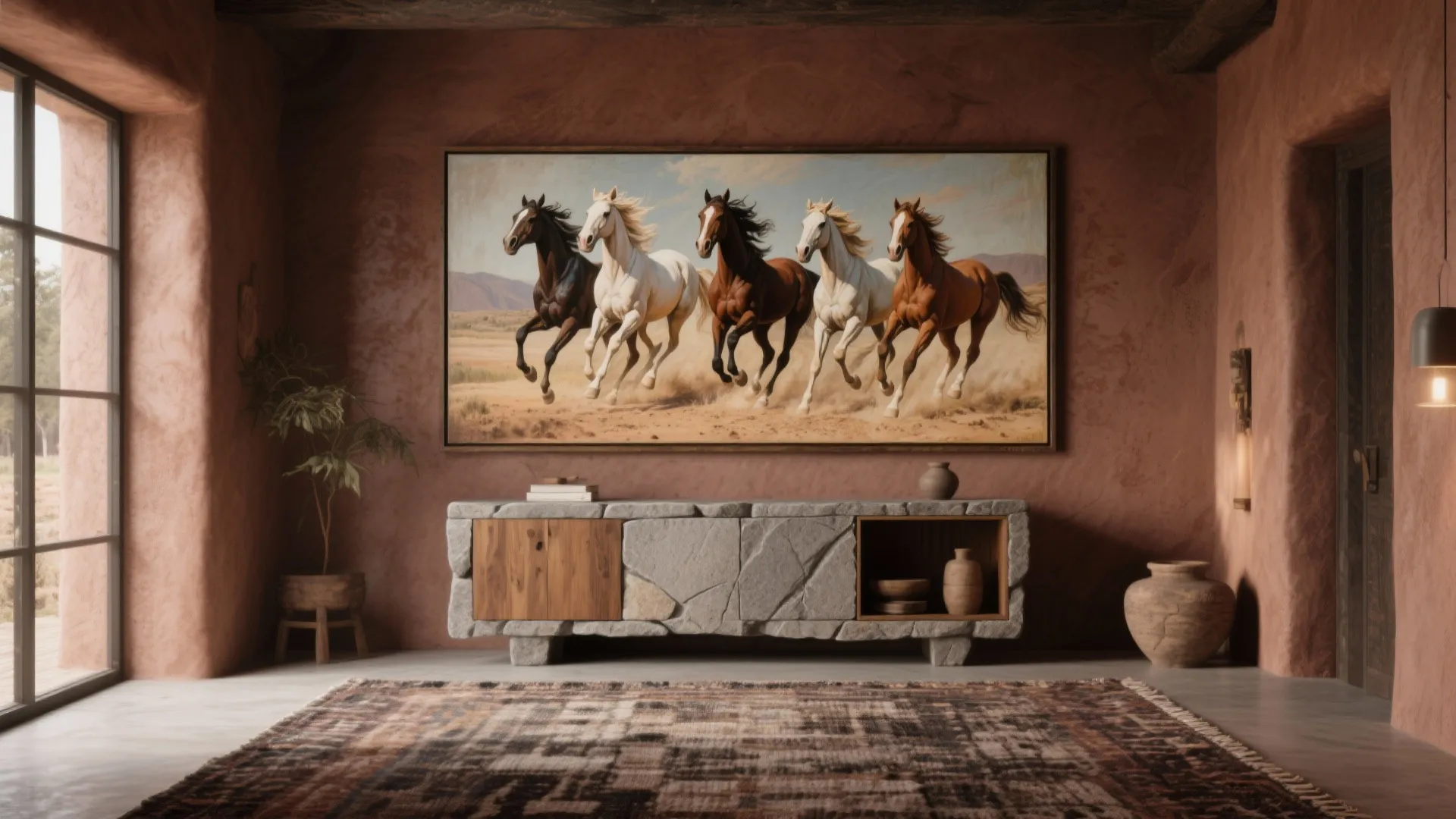 Rustic living room with red textured walls featuring a horse painting above a stone storage cabinet