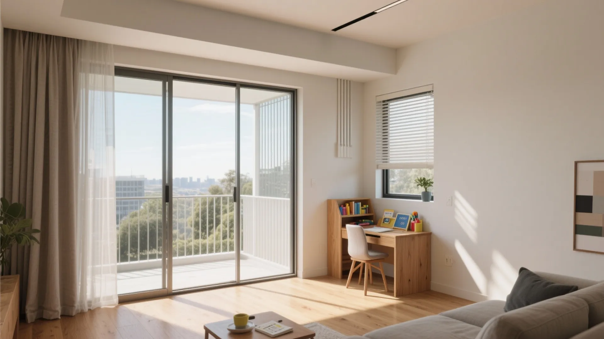 South-facing balcony bringing soft daylight into a compact living room with a study nook.