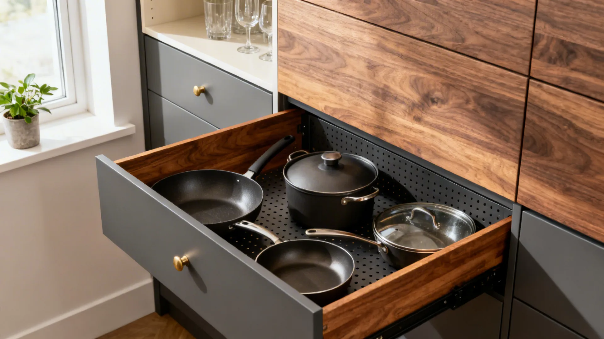 Macro of southwest drawers with peg system for heavy pots and a light northeast shelf with glassware.
