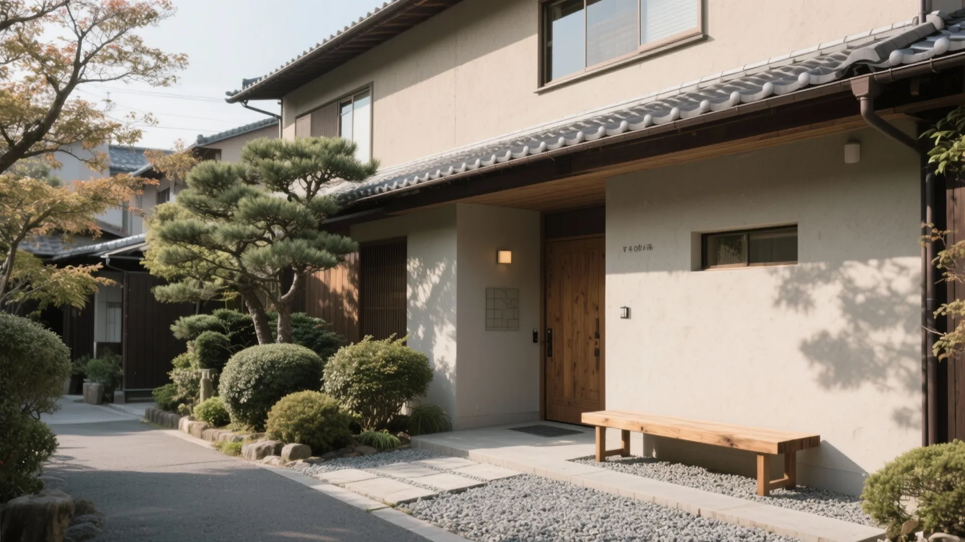 Tips 4: 南玄関の外部計画—軒、植栽、ベンチで“迎える光”を整える（日式风格/京都）
