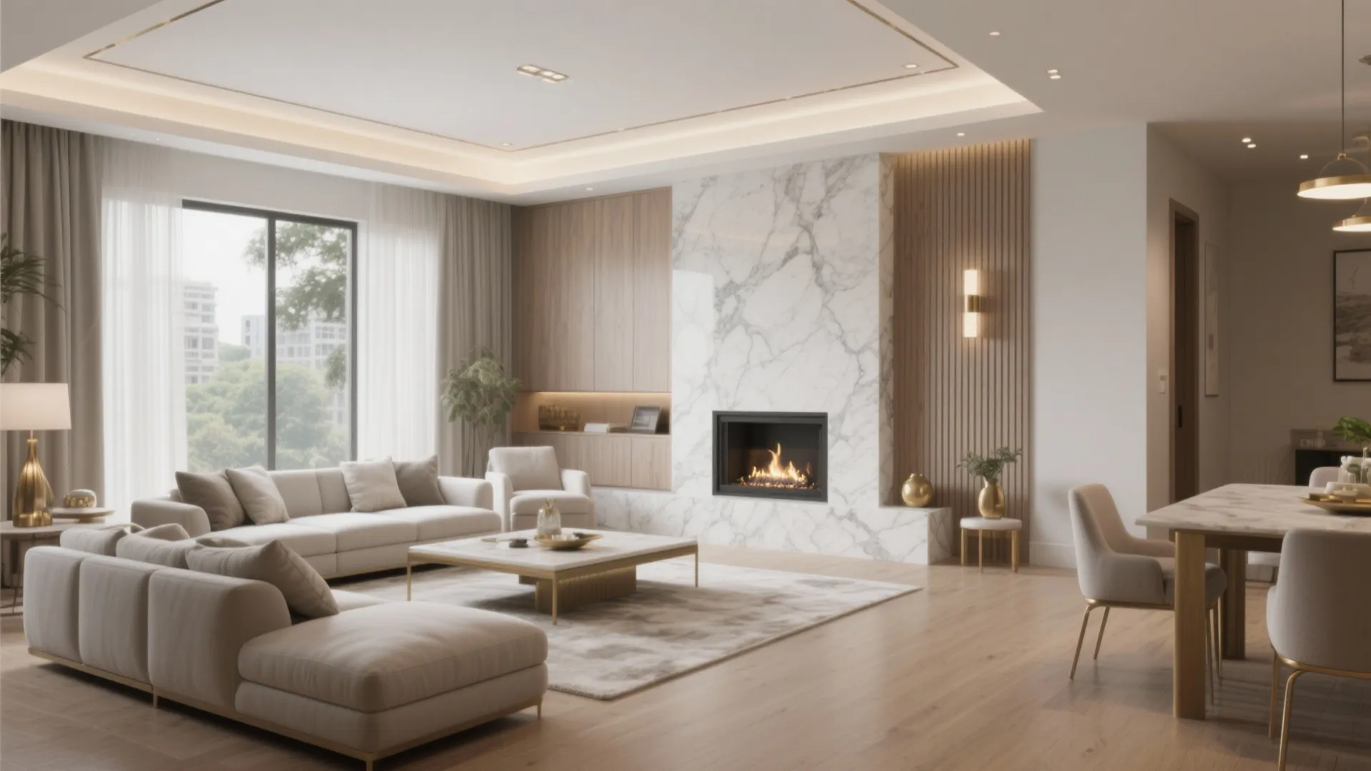 Luxury living room with white sofa marble fireplace wood wall panels large windows and dining area