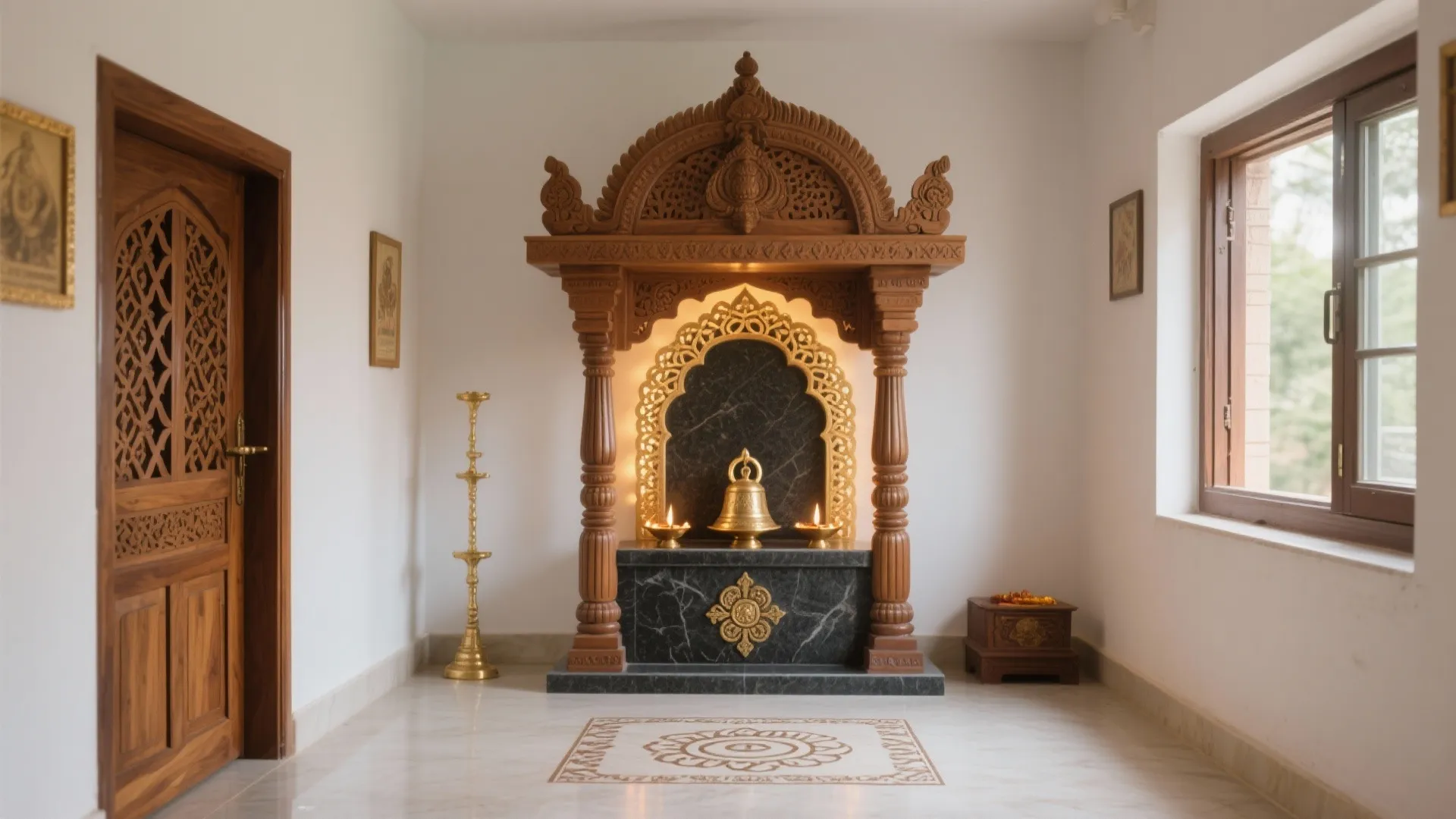 5 South Indian Traditional Pooja Room Designs: Timeless wood, brass accents, Vastu-wise layouts, stone altars, and safe, soulful lighting for small homes