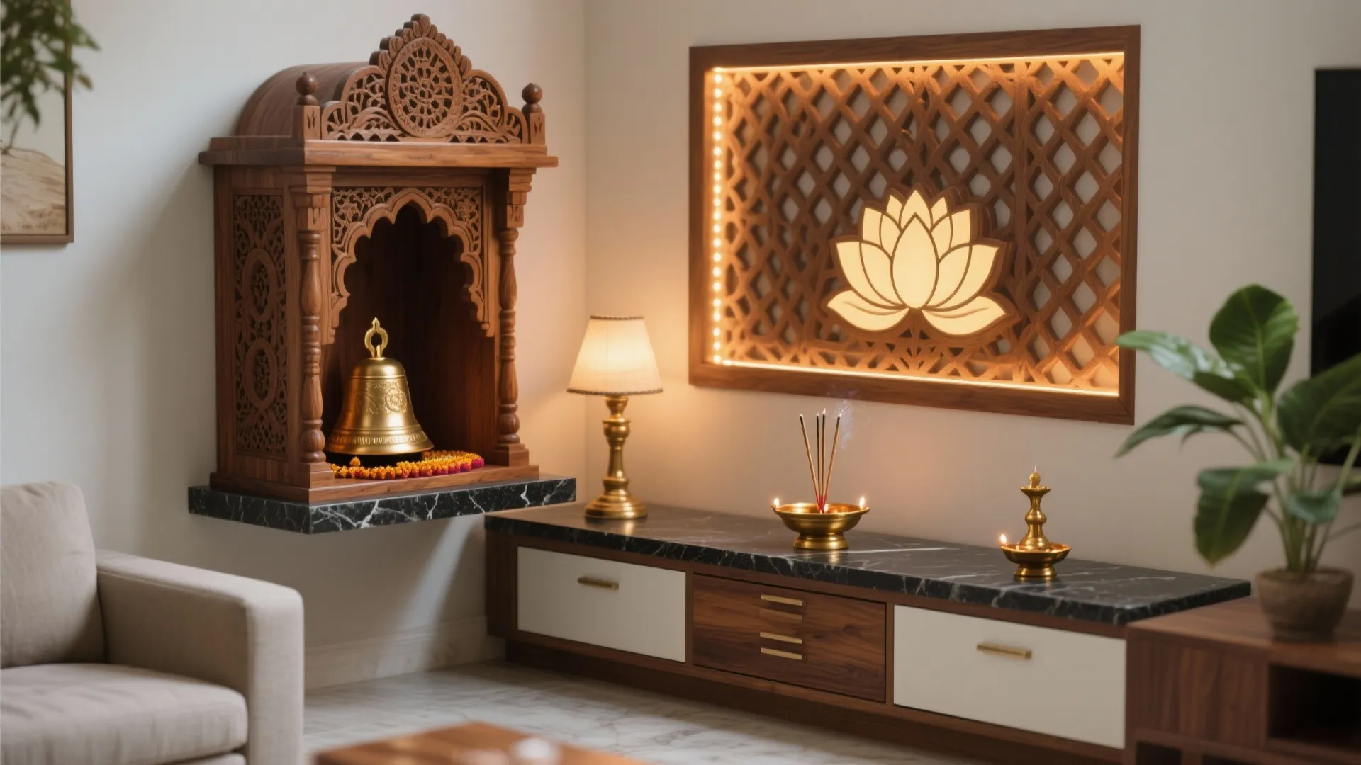 Traditional wooden prayer altar with brass bell on marble shelf and wall mounted lotus light