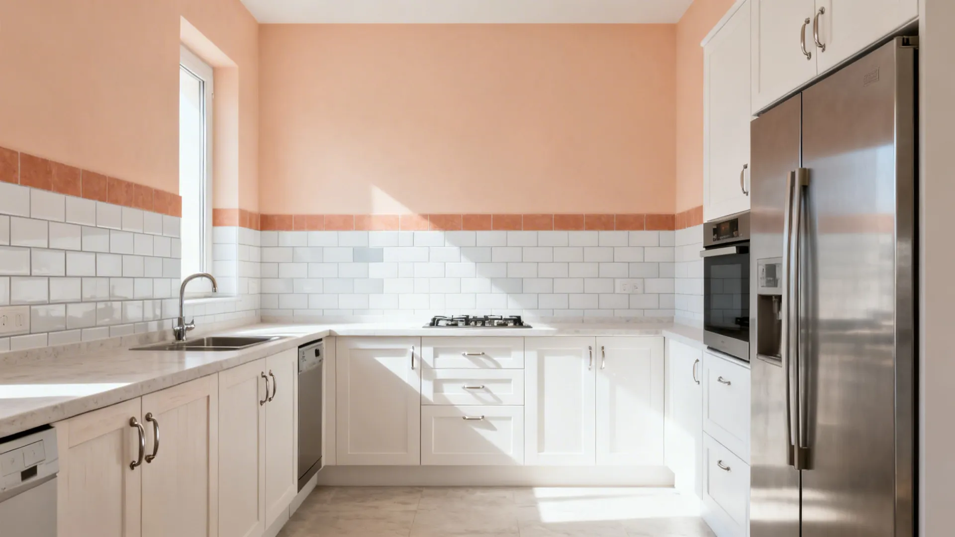 Small south-facing kitchen with soft terracotta-peach walls and white tiles.