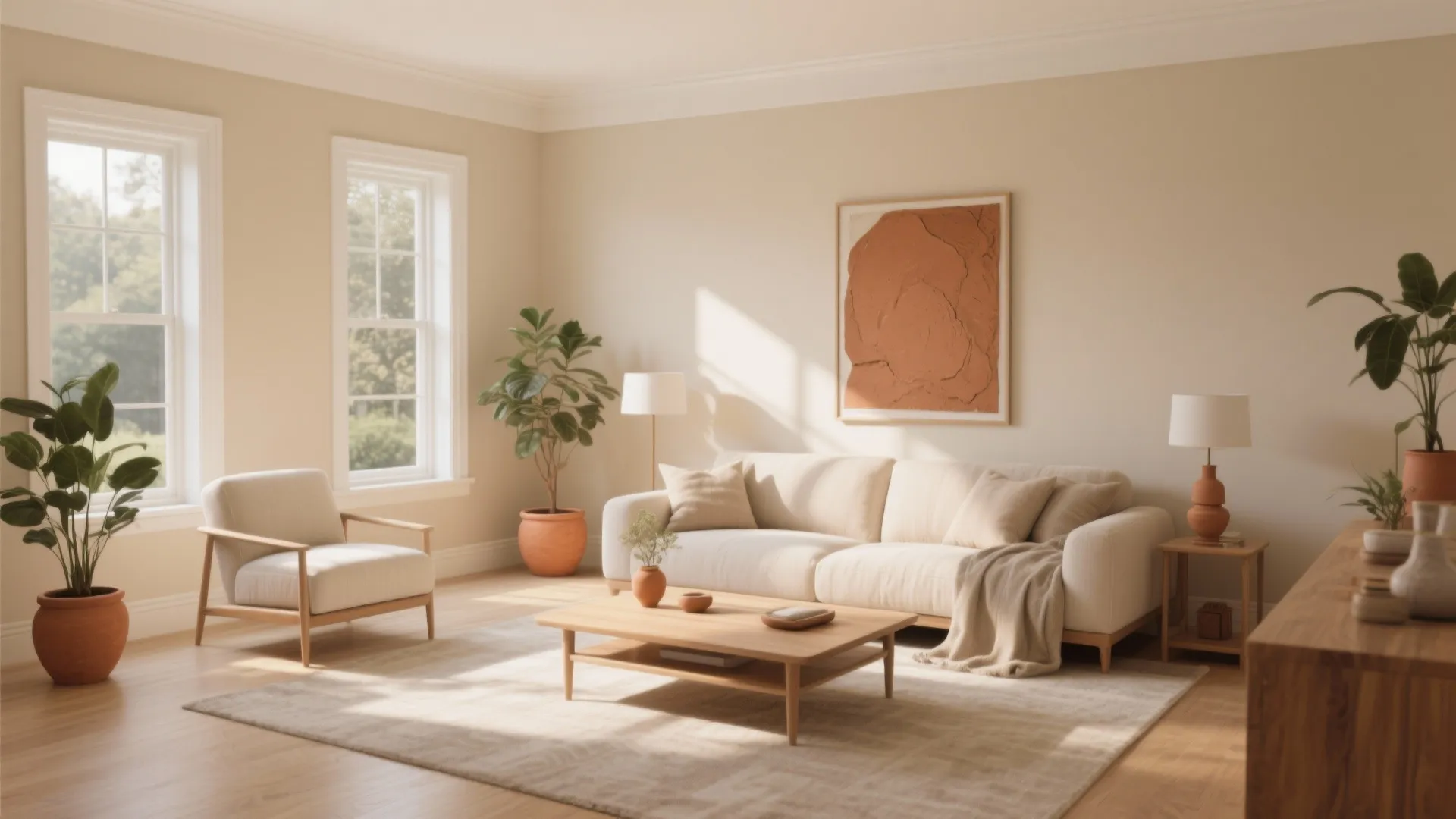 South-Facing Balance: Warm Whites, Beige, and Terracotta Accents