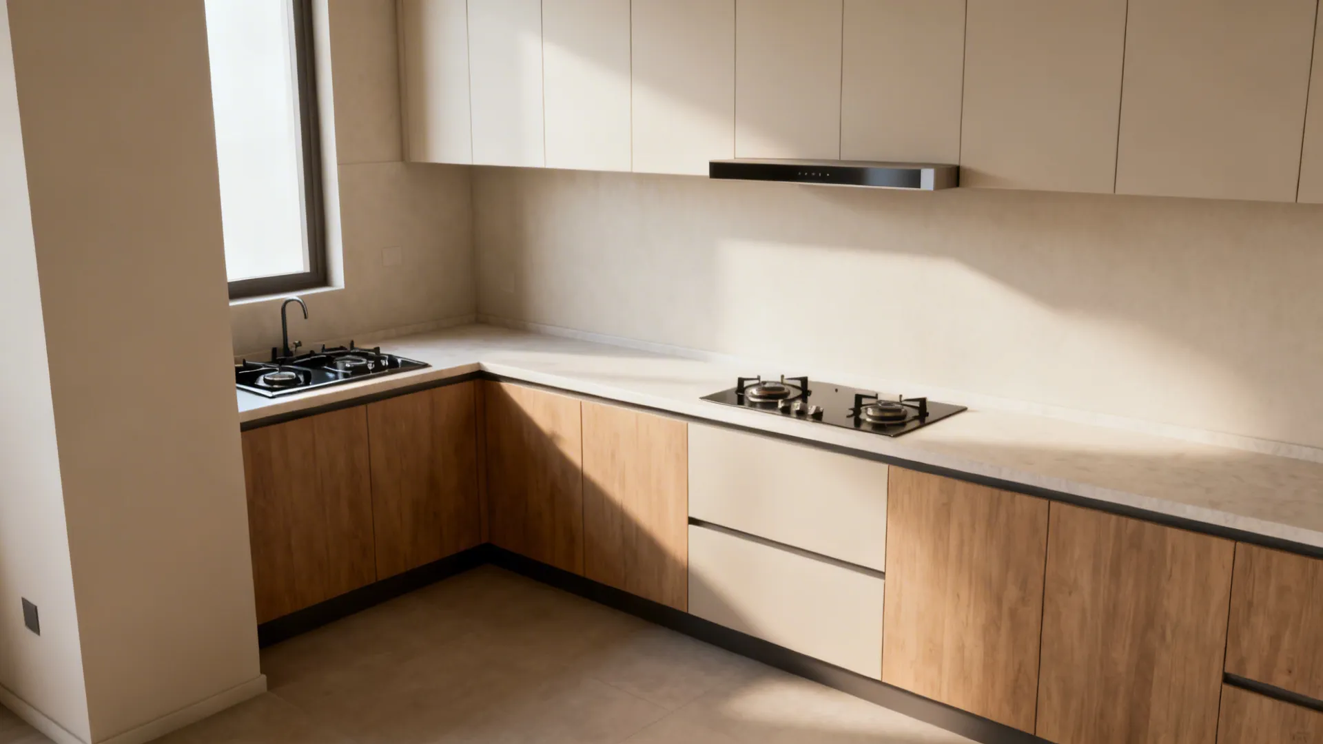 Before-and-after of a small kitchen corner showing non-southeast to southeast cooktop relocation with cleaner sightlines.