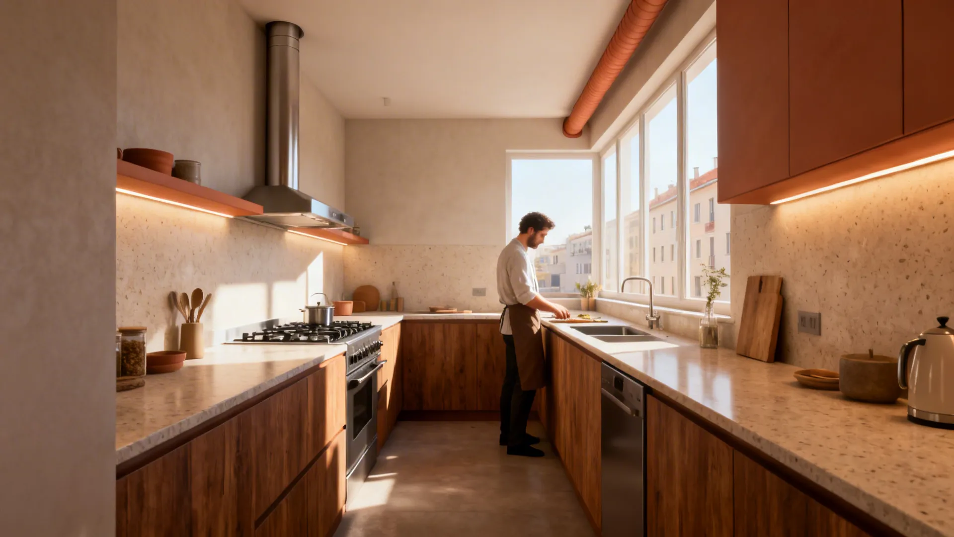 L-shaped kitchen with southeast cooktop, east-facing workflow, and warm task lighting.