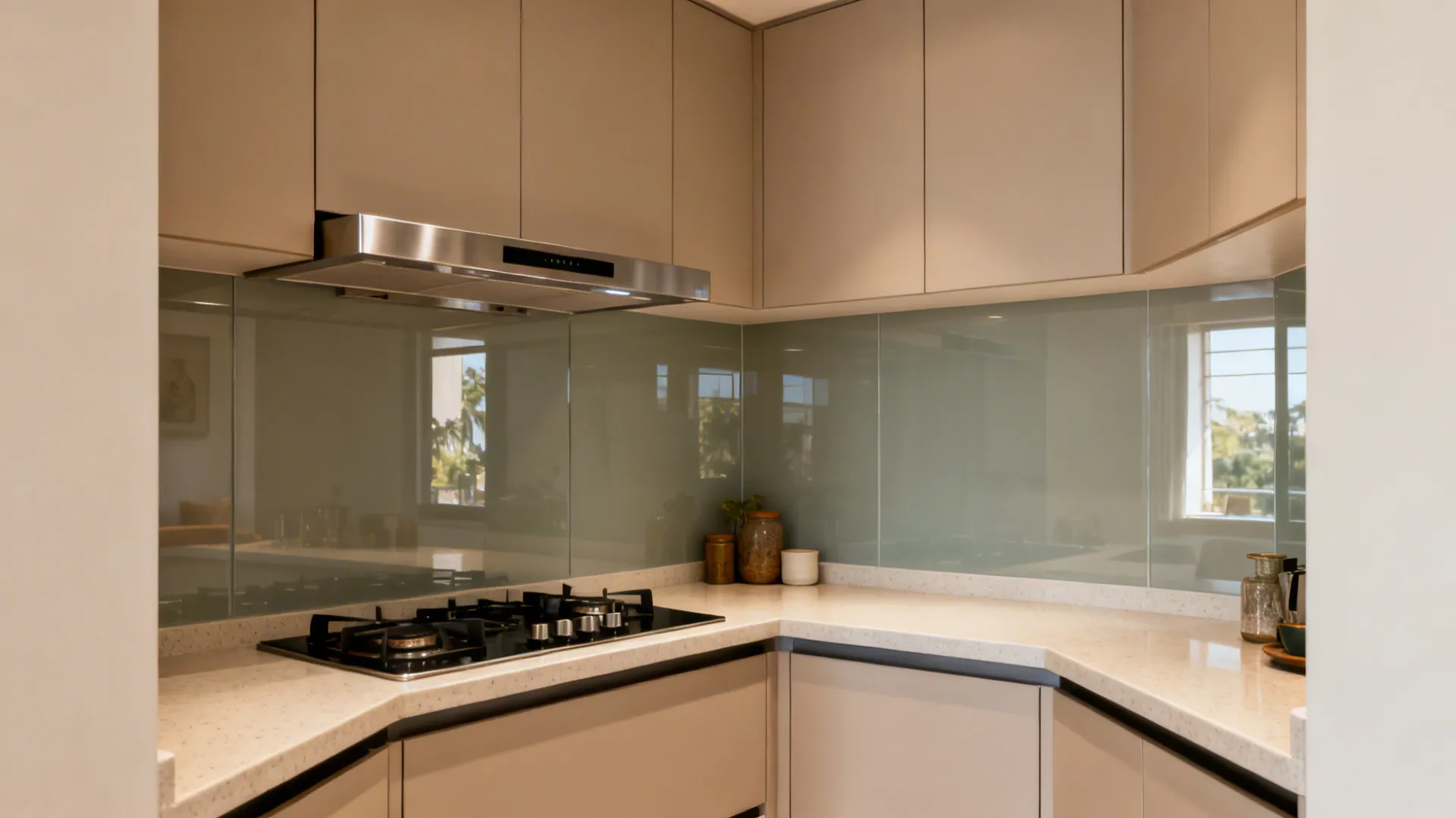 Southeast corner cooktop with slim hood and clean heat-resistant backsplash in a compact kitchen.