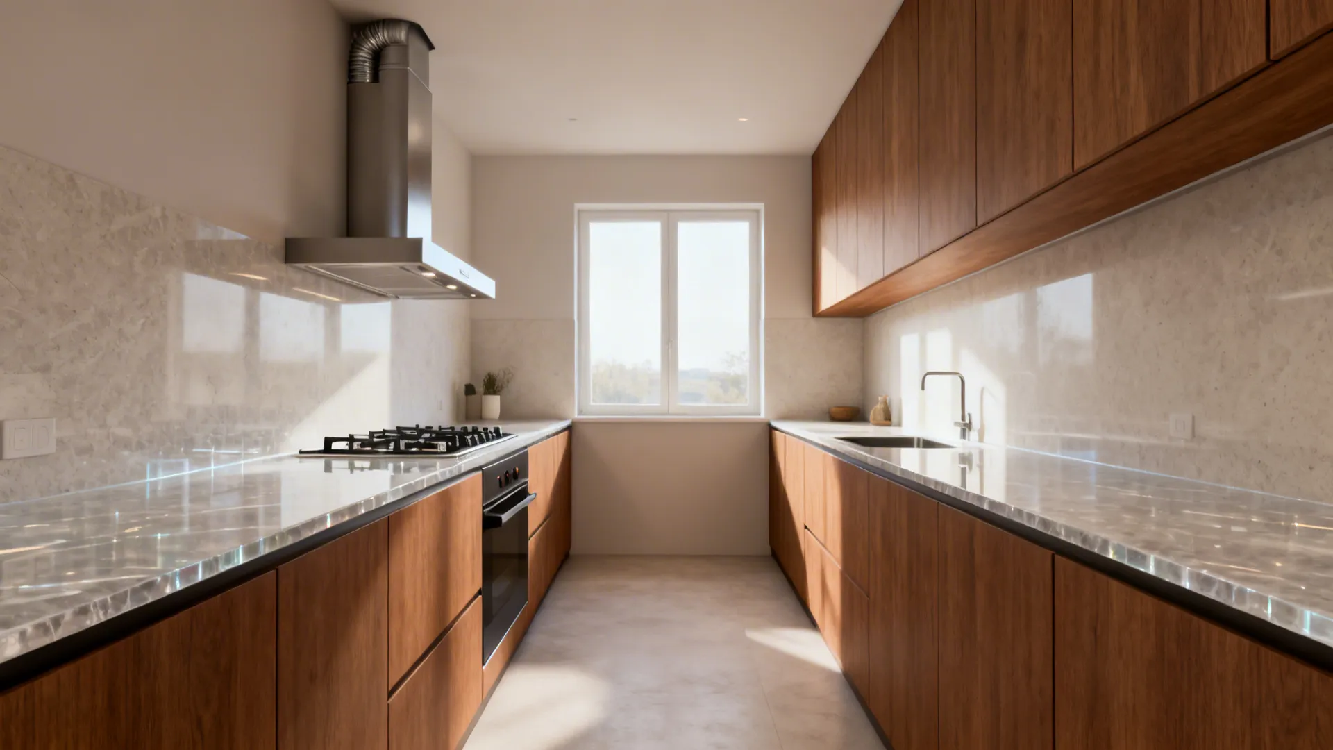 Southeast cooktop in a narrow galley kitchen with quartz counters and warm wood cabinetry.