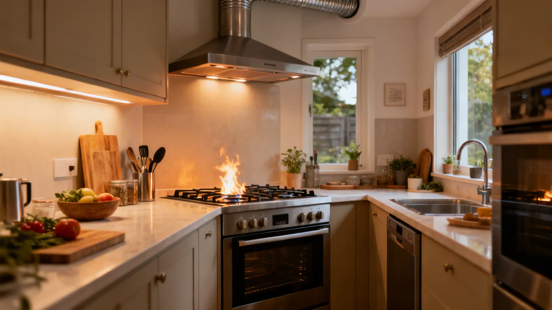 Kitchen interior design showing gas stove with flame oven cabinets sink window and fresh vegetables