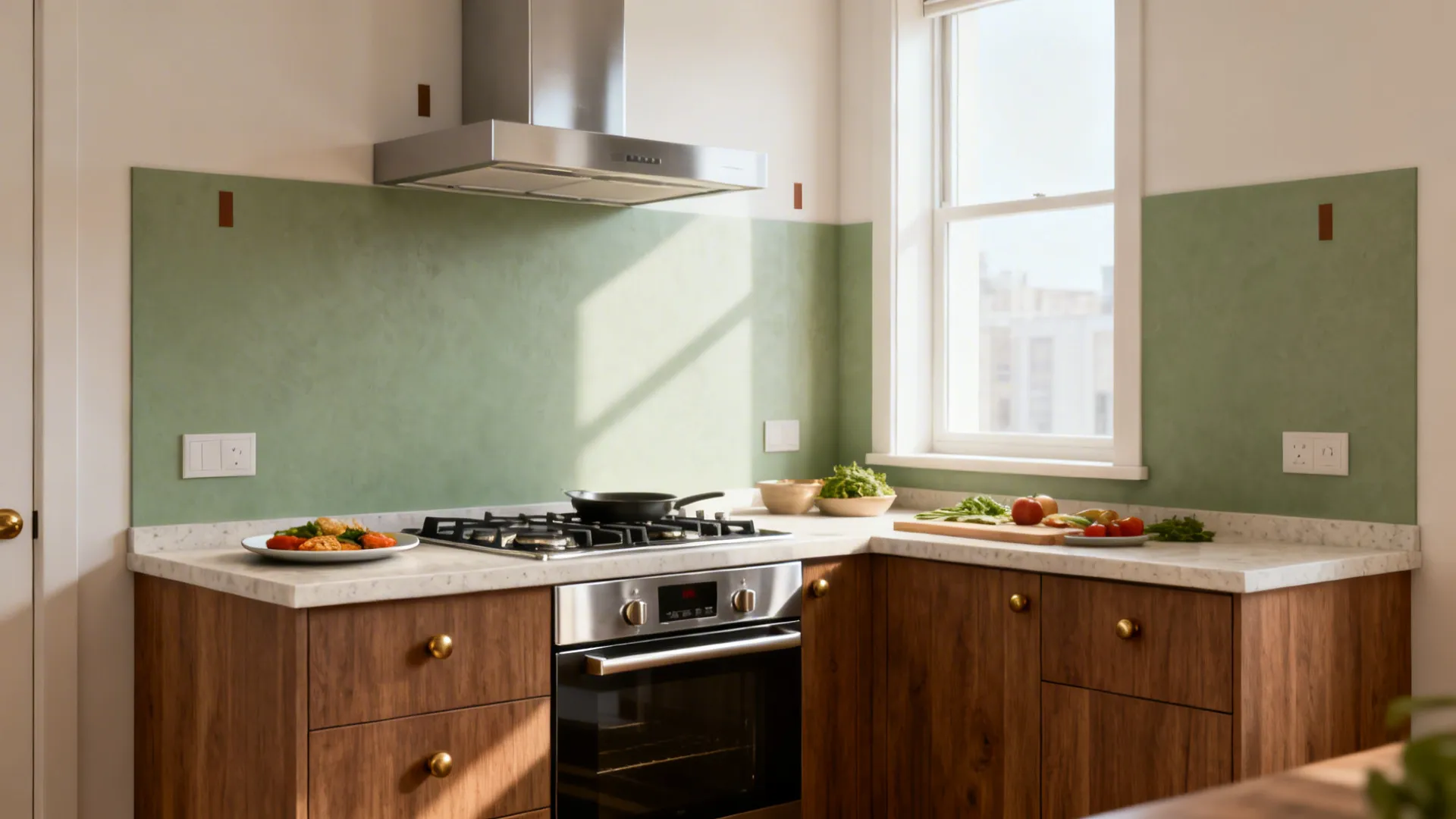 Southeast-placed cooktop with safe clearances and ducted chimney in a compact kitchen.