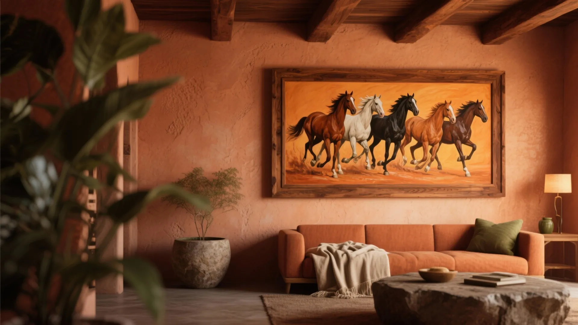 Warm orange living room with horse wall art, orange sofa, wood beams, and stone table