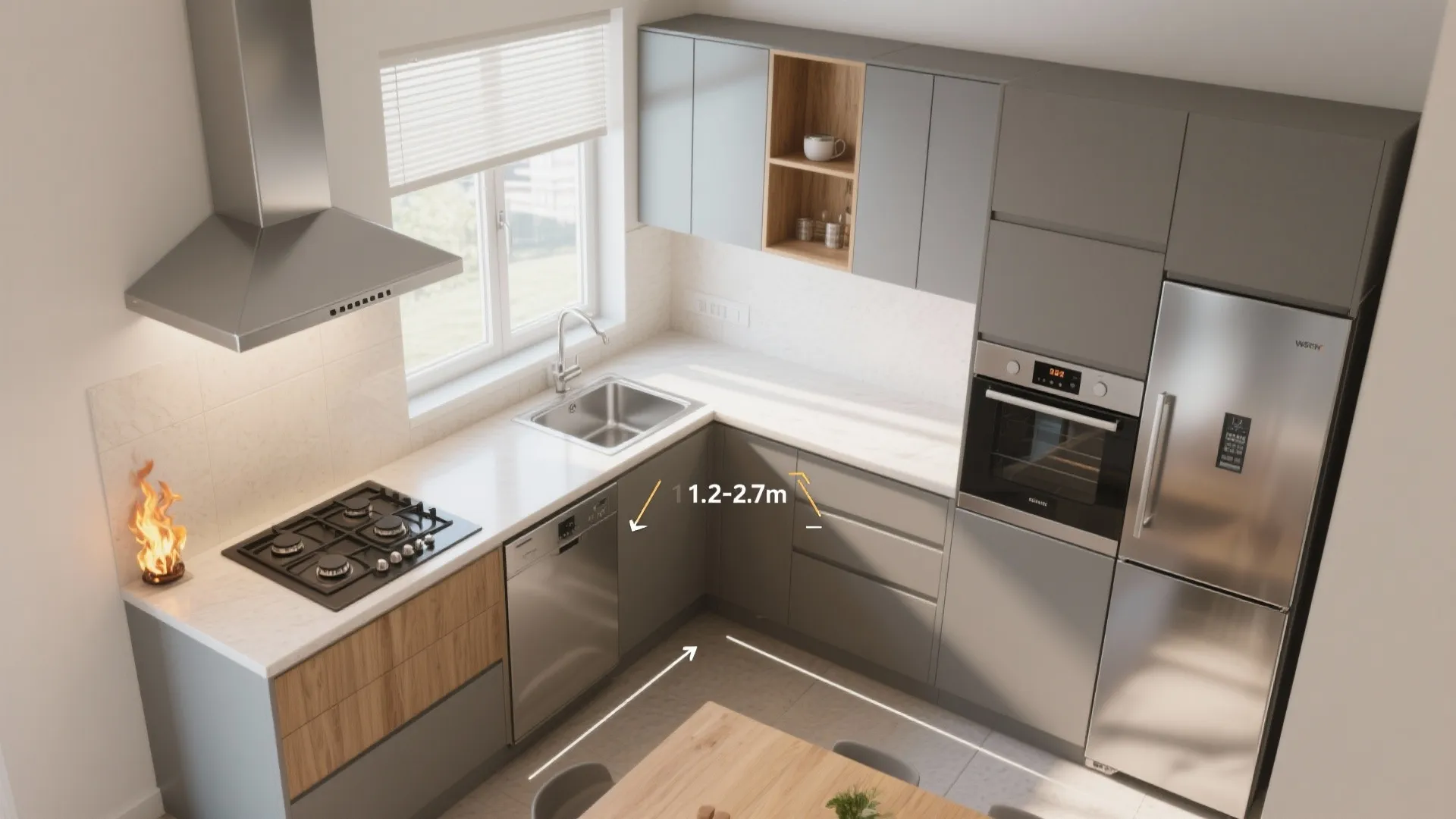 Kitchen Placement: Southeast Fire & Efficient Workflow