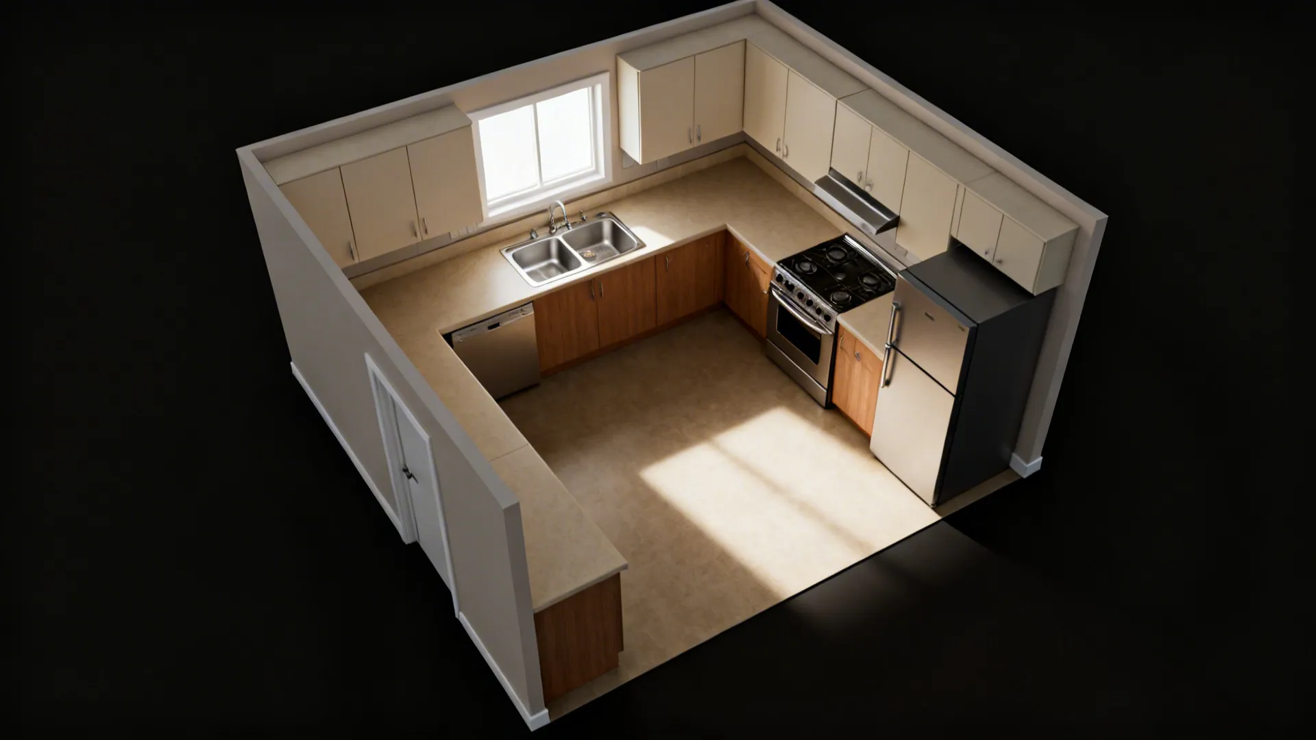 Interior design drawing of a kitchen layout with sink stove fridge and wooden floor cabinets