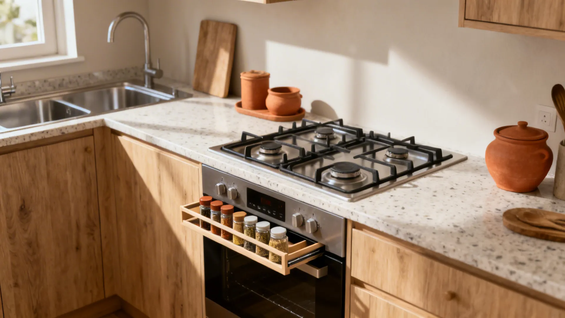 Southeast-placed cooktop with a slim spice pull-out buffer separating it from the sink.